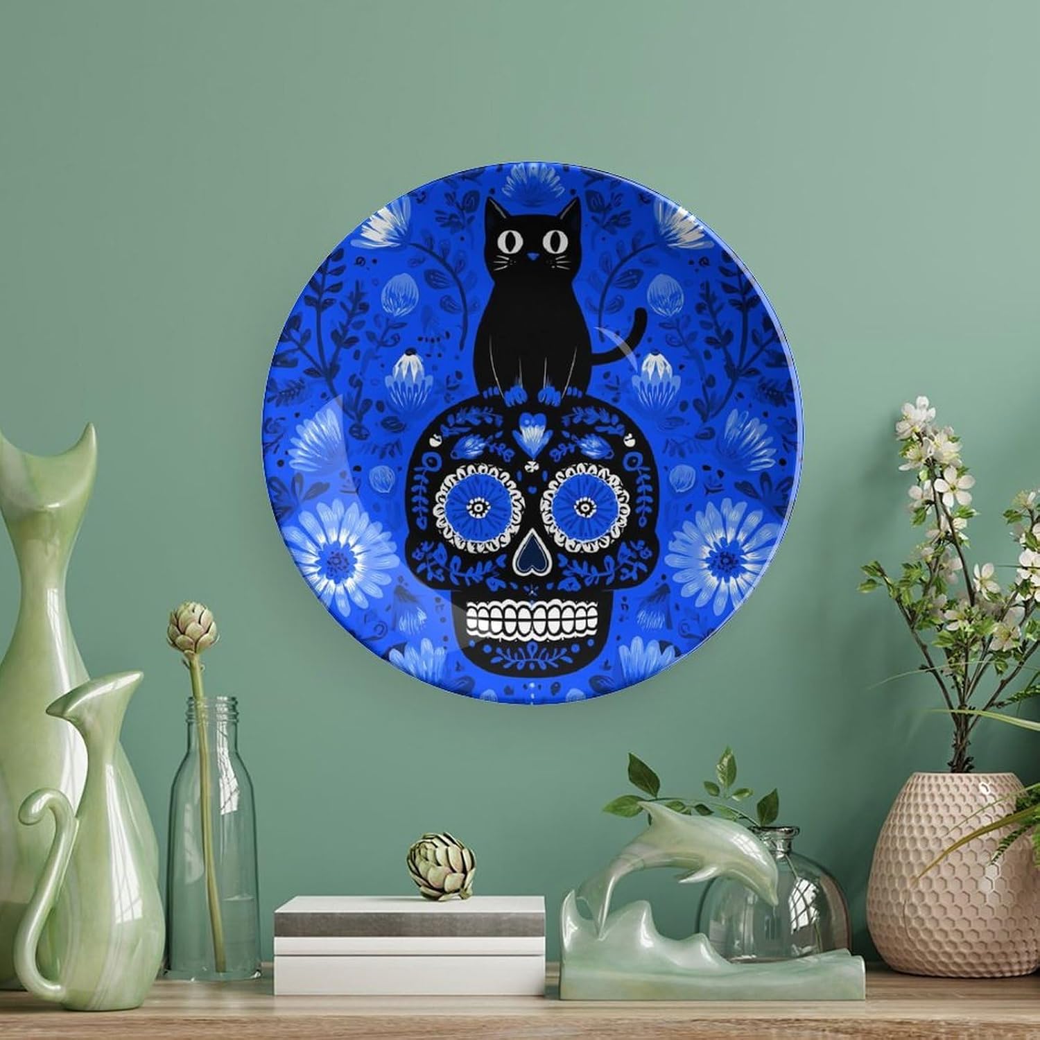 Cat on Sugar Skull Modern Decorative Plate Ceramic Ornaments 6inch image 5