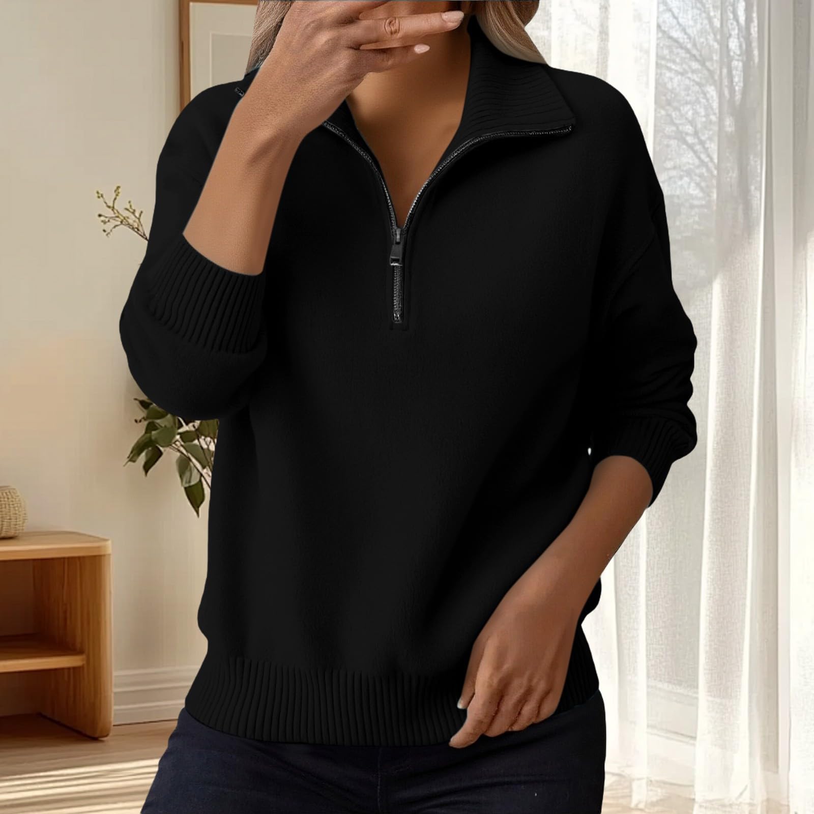 Jersey de punto acanalado con media cremallera para mujer, manga larga