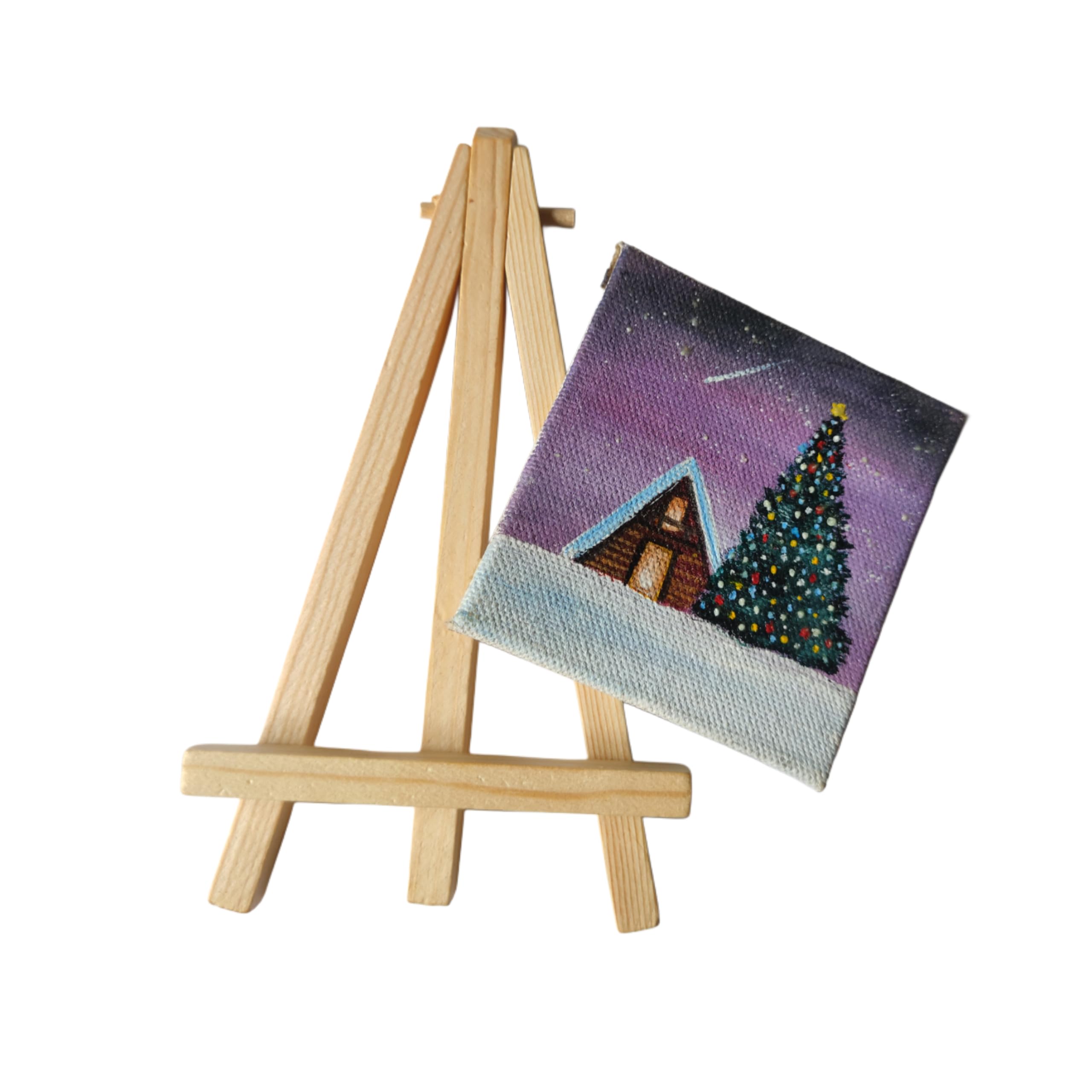 Mini house in winter Canvas Art with wooden easel stand, Decorative Tabletop Stand, Natural Pine Wood-image-36