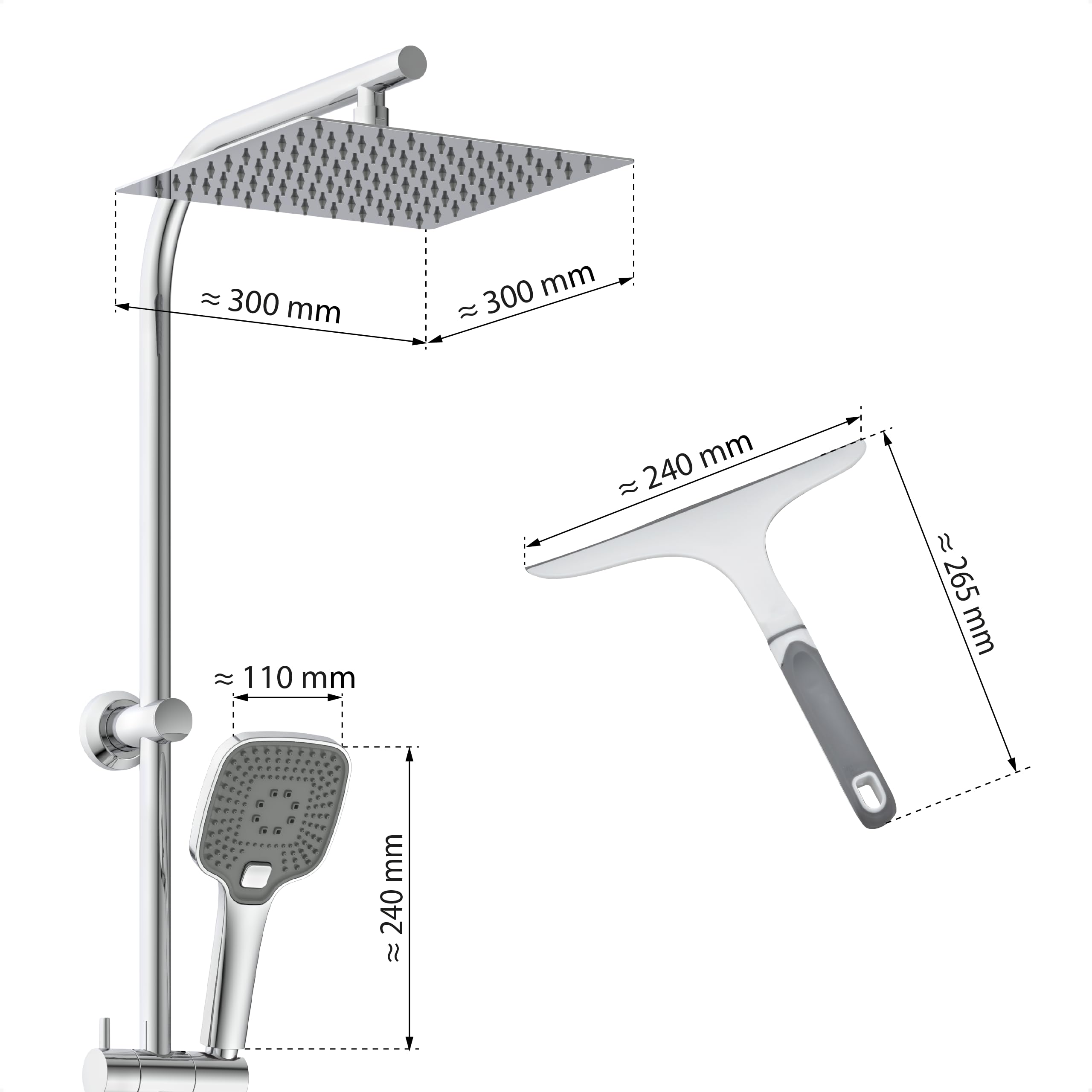 EISL EASY DELUXE zestaw prysznicowy, system prysznicowy bez armatury 2 w 1 z dużą deszczownicą ze stali nierdzewnej (300 x 300 mm) i słuchawką prysznicową, deszczownicą bez armatury, idealny do
