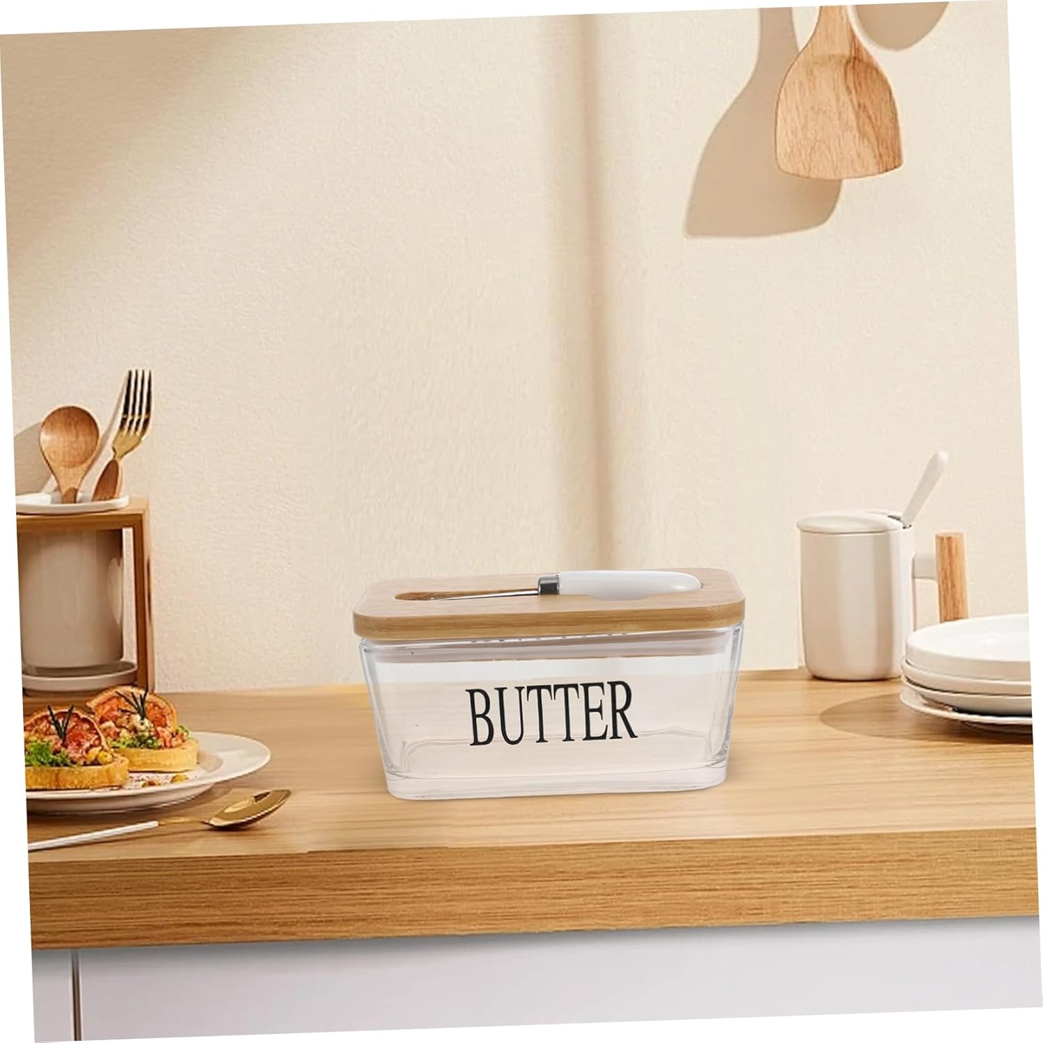 KICHOUSE Airtight Glass Butter Dish Lid Butter Keeper for Refrigerator Counter Knife Holder Fresh Storage for Kitchen