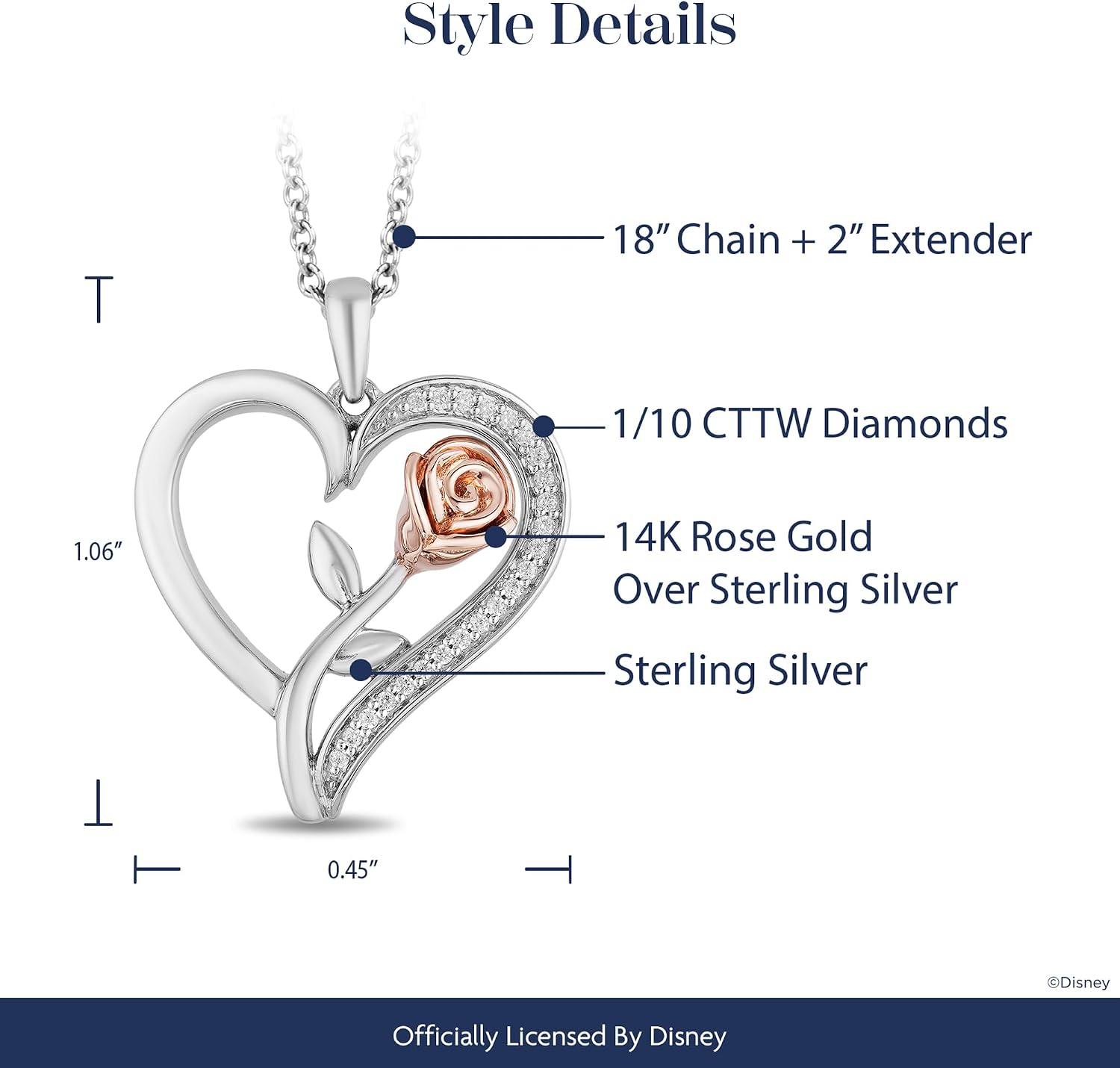 Jewelili Enchanted Disney Fine Jewelry Belle Rose in Heart Pendant Necklace for Women | 14K Rose Gold over Sterling Silver | 1/10 CTTW Natural White Round Diamonds | 18" Cable Chain | Gifts for Her
