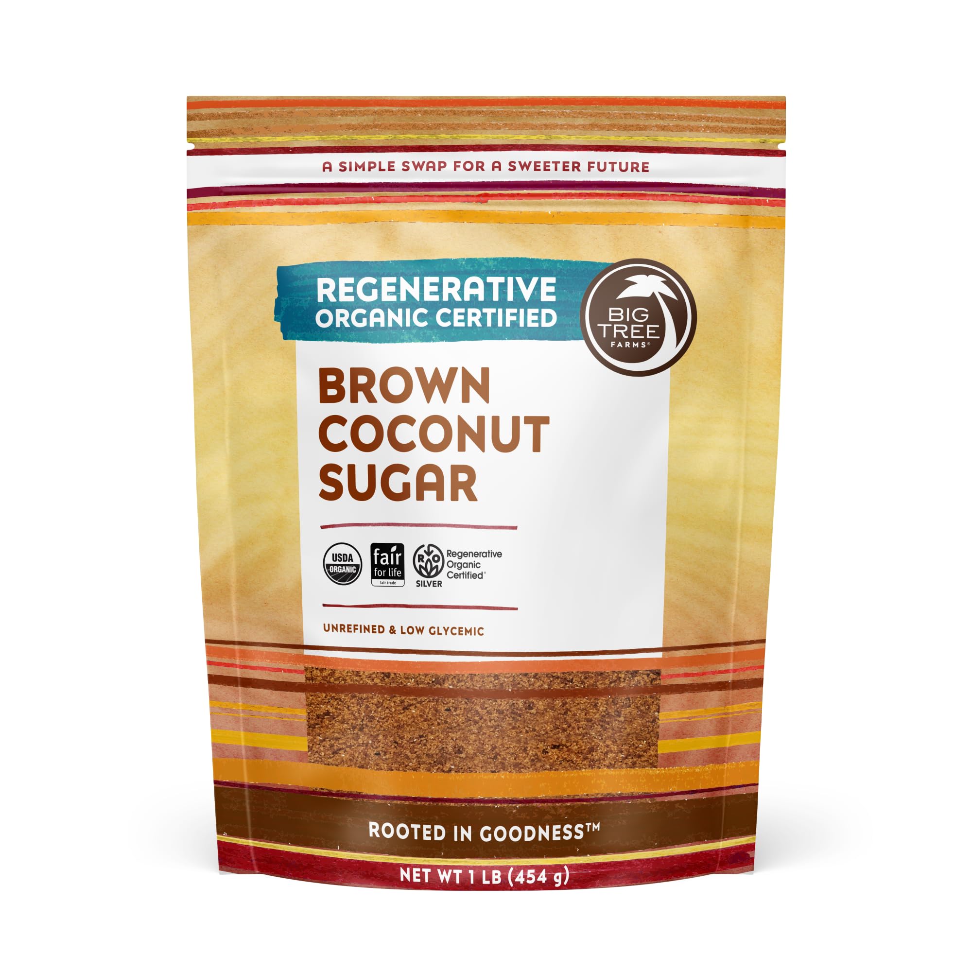 Big Tree Farms Organic Brown Coconut Sugar - Coconut Palm Sugar, Unrefined, Fine Crystals, Cane Sugar Replacement, Coconut Blossom Nectar, Vegan, Perfect for Baking - 1 Pound (Pack of 1)USDA OrganicRegenerative Organic CertifiedFair for LifeRegenerative Organic CertifiedRegenerative Organic CertifiedFair for LifeRegenerative Organic Certified
