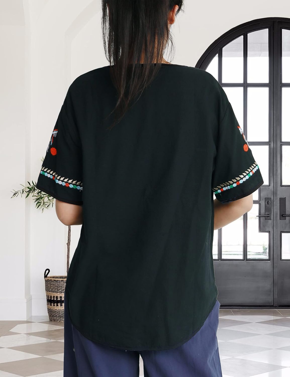 SeekMe Women's Cotton Linen Tops Embroidered Short Sleeve Peasant Boho Mexican Tunic Top Festival Casual Loose T Shirt - Image 6