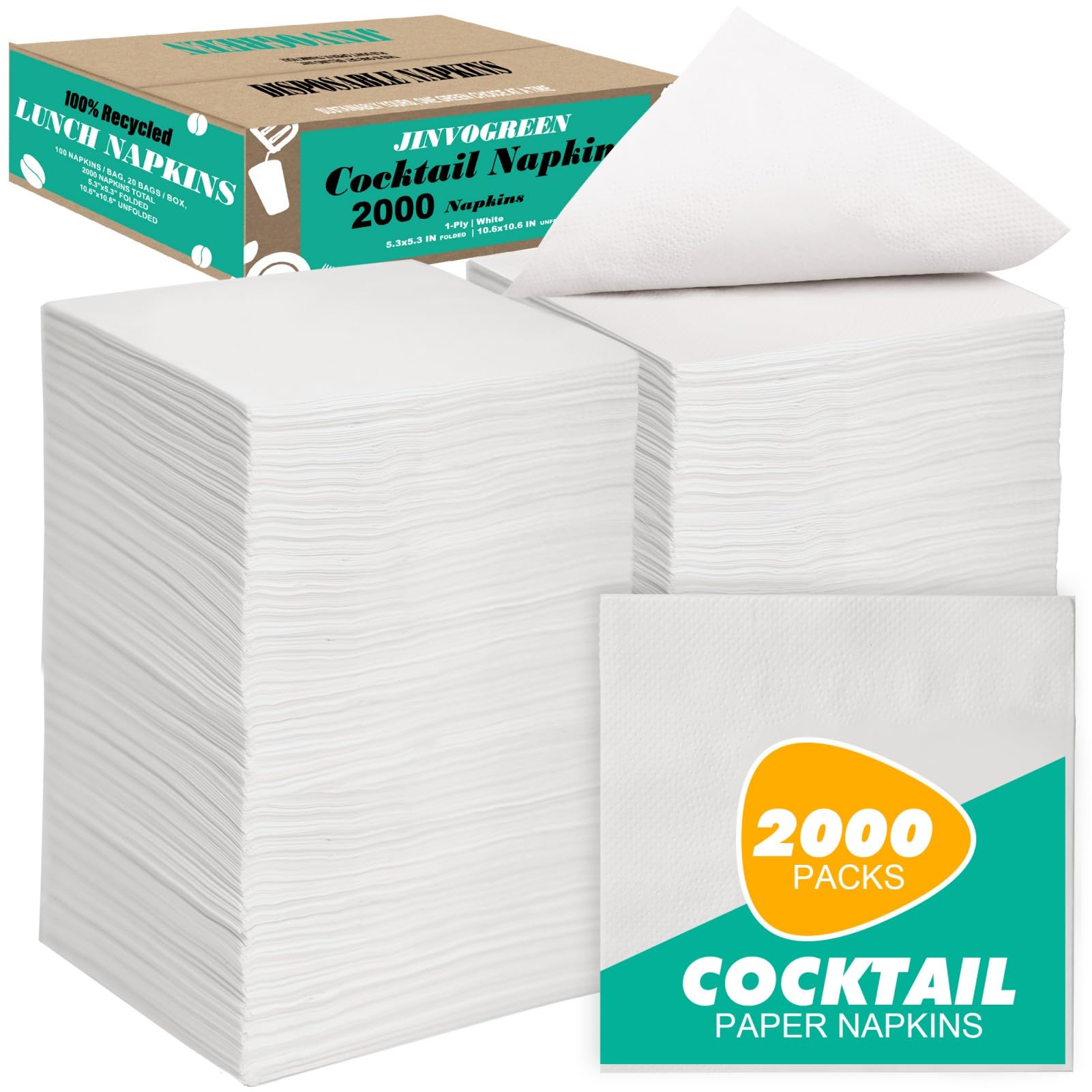 JINVOGREE - 2000 servilletas de cóctel desechables de papel blanco de 1 capa para bares, almuerzos, fiestas, restaurantes y uso diario, plegadas de 5.3 x 5.3 pulgadas
