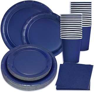 Whaline 100Pcs Navy Blue Tableware Set Wedding Disposable Dinnerware Set 50Pcs Paper Plates 25Pcs Napkins 25Pcs Cups for 25 Guests Wedding Birthday Bride Party Supplies Table Decorations