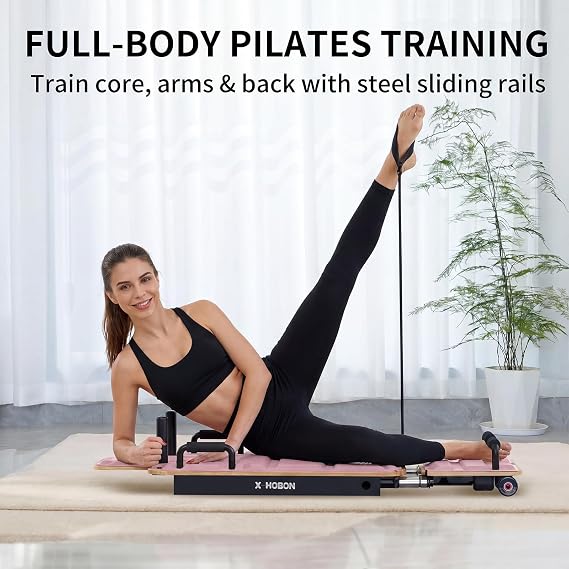Pilates Board Reformer for Home Workout, Reformer Board, Glide Board, Sliding Rails, Maple Wood Deck & High-Strength Steel Rails, Adjustable Resistance Bands, PU Wheels, Quick Assembly