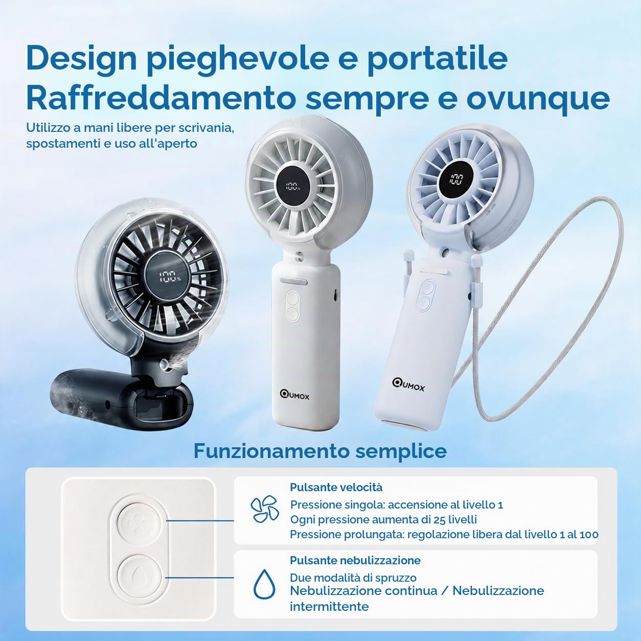 QUMOX Ventilatore Portatile con Nebulizzatore, Mini USB Ricaricabile Pieghevole con Display Batteria Digitale, 3 Velocità, Ventilatore da Mano e da Tavolo per Ufficio, Viaggio,Spiaggia Estate (Blu)