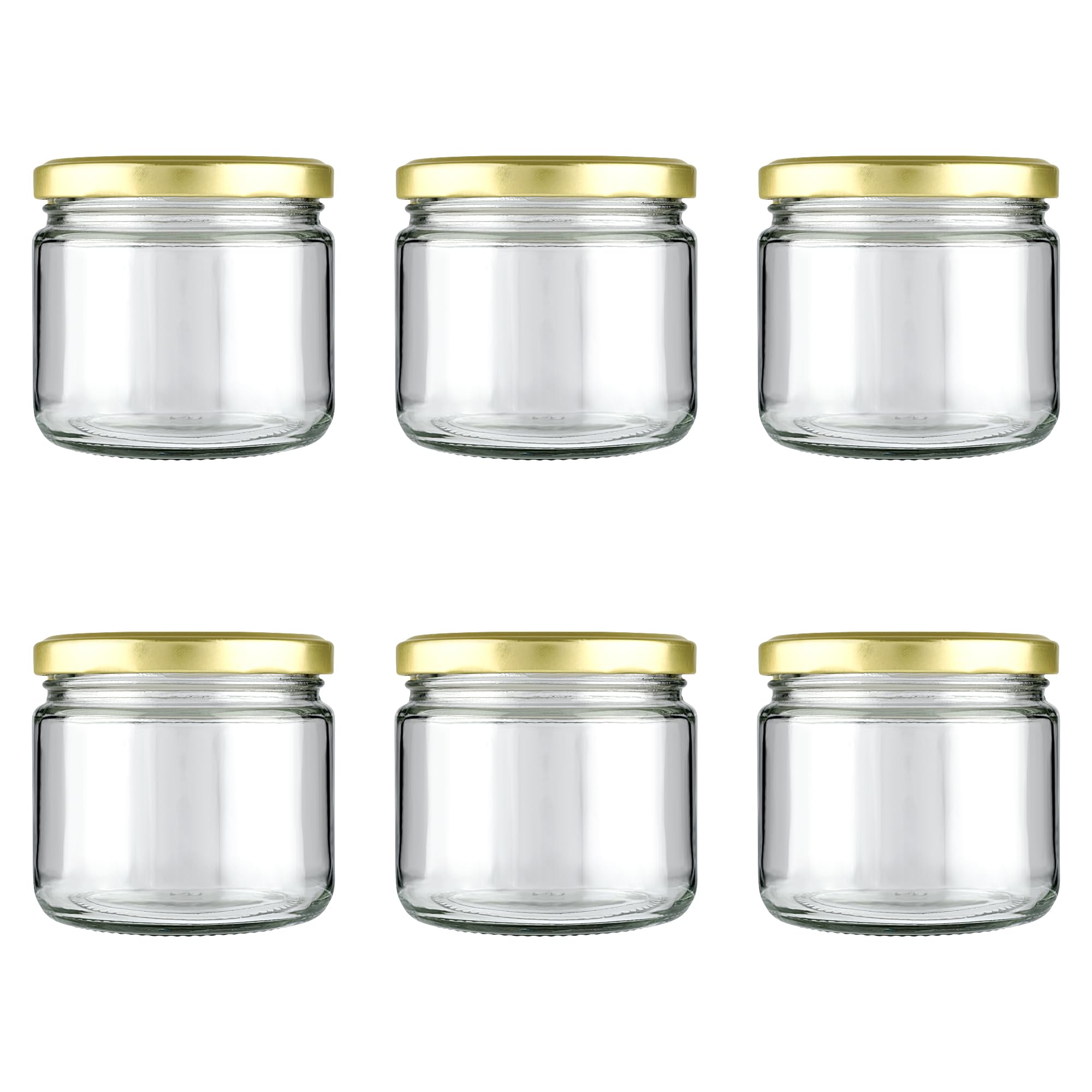 Shiva Organic 350gm Salsa Glass Jar for Kitchen Storage | Food Grade Glass Container | Golden Metal Cap | Air Tight Lid | Clear Transparent Jar (Pack of 6)