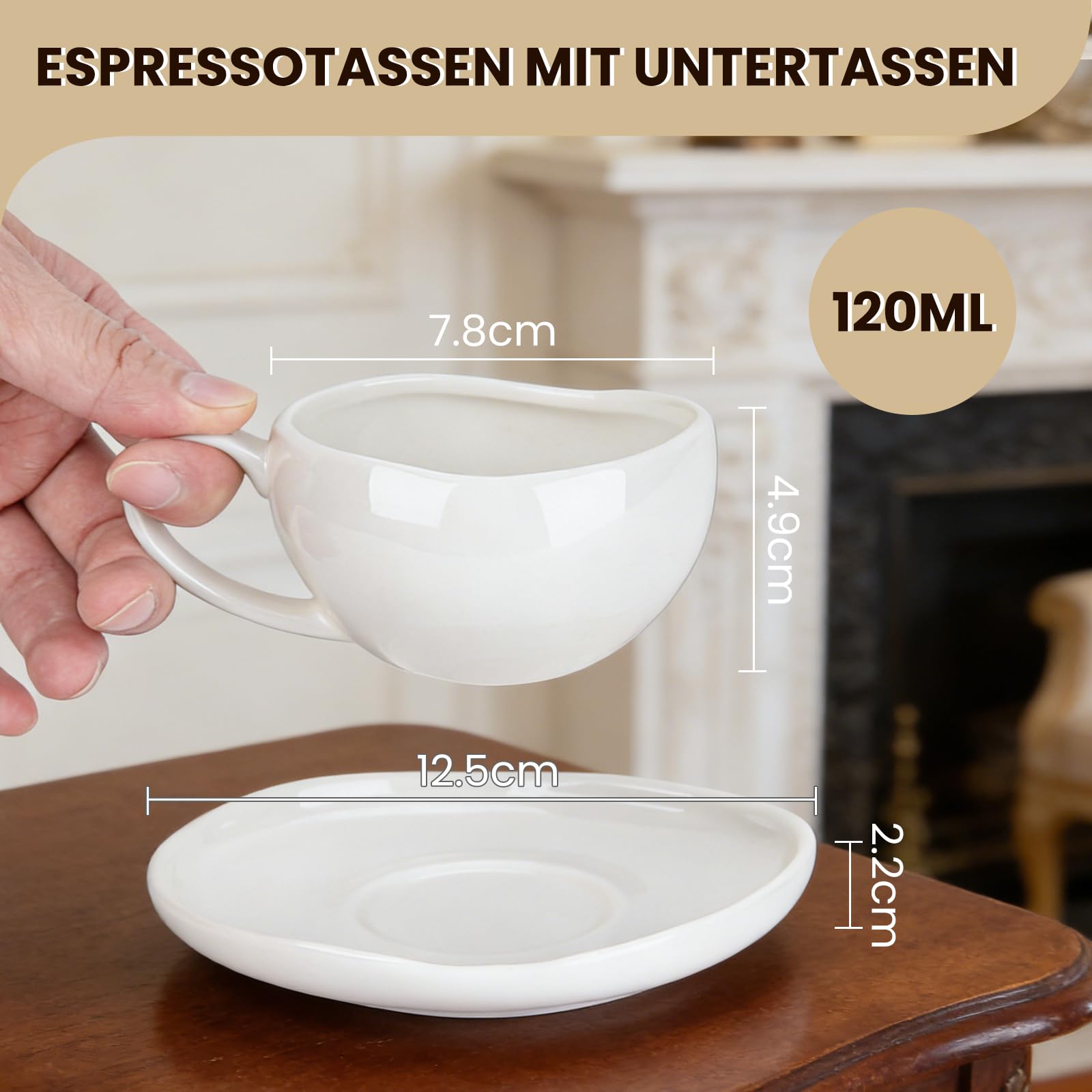 Filiżanki do espresso, zestaw filiżanek do espresso ze spodkami, 6-częściowy zestaw filiżanek do espresso i spodków, ceramiczne ze spodkami, 120 ml, filiżanki i spodki, białe