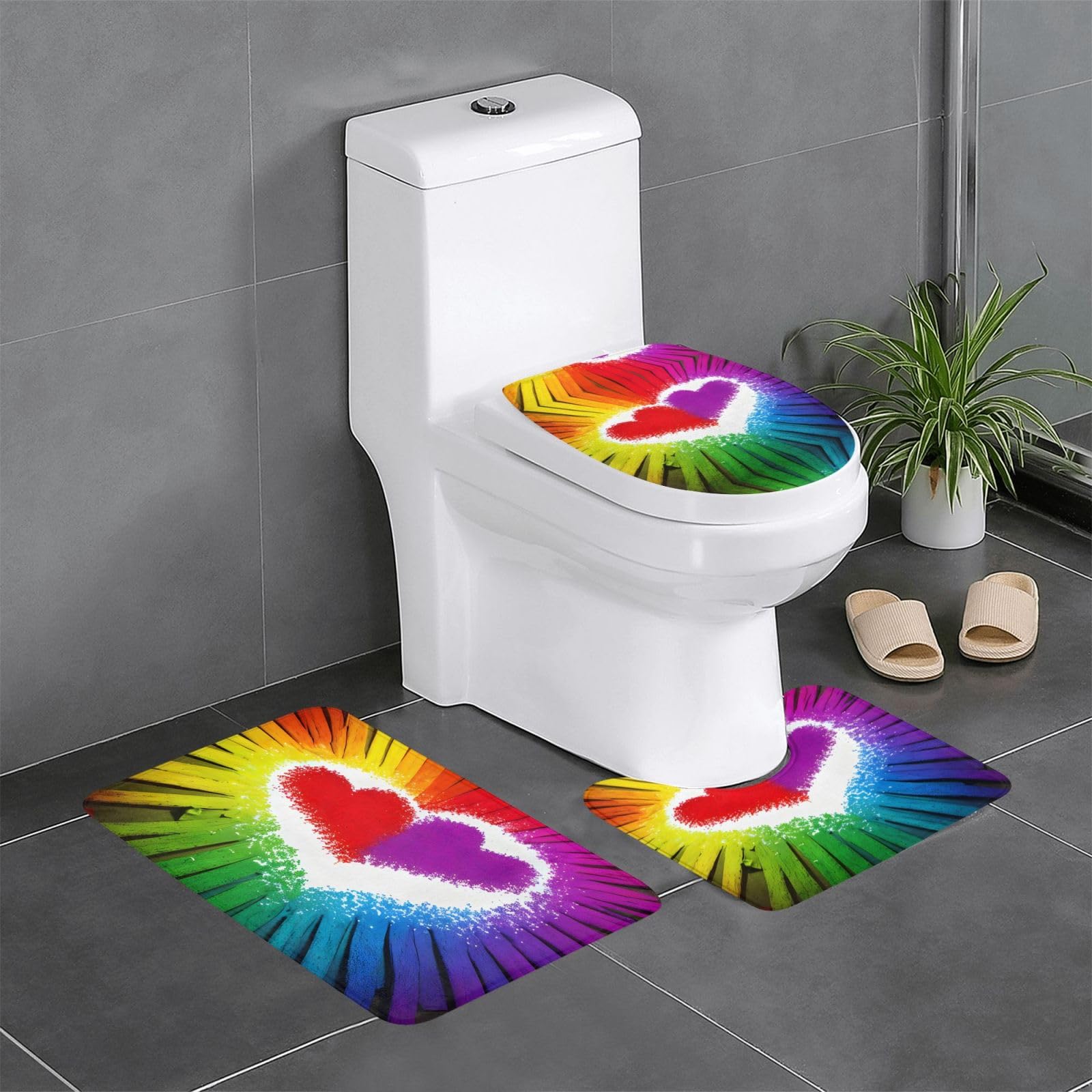 Tapis de salle de bain antidérapant 3 pièces cœurs arc-en-ciel absorbant