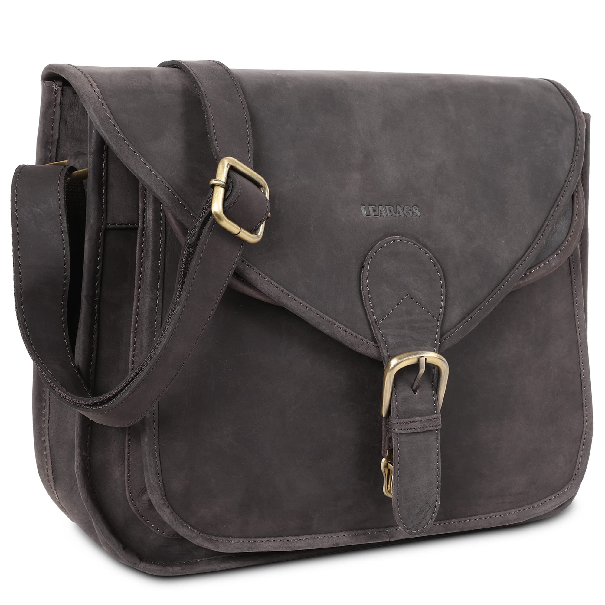 LEABAGS Leder Handtasche Damen I Premium Echtleder Umhängetasche I Damen Schultertasche I Damentasche I Tragetasche für Arbeit Uni Schule Freizeit I Größe L (32 x 31 x 9 cm) I Nature Dunkelbraun