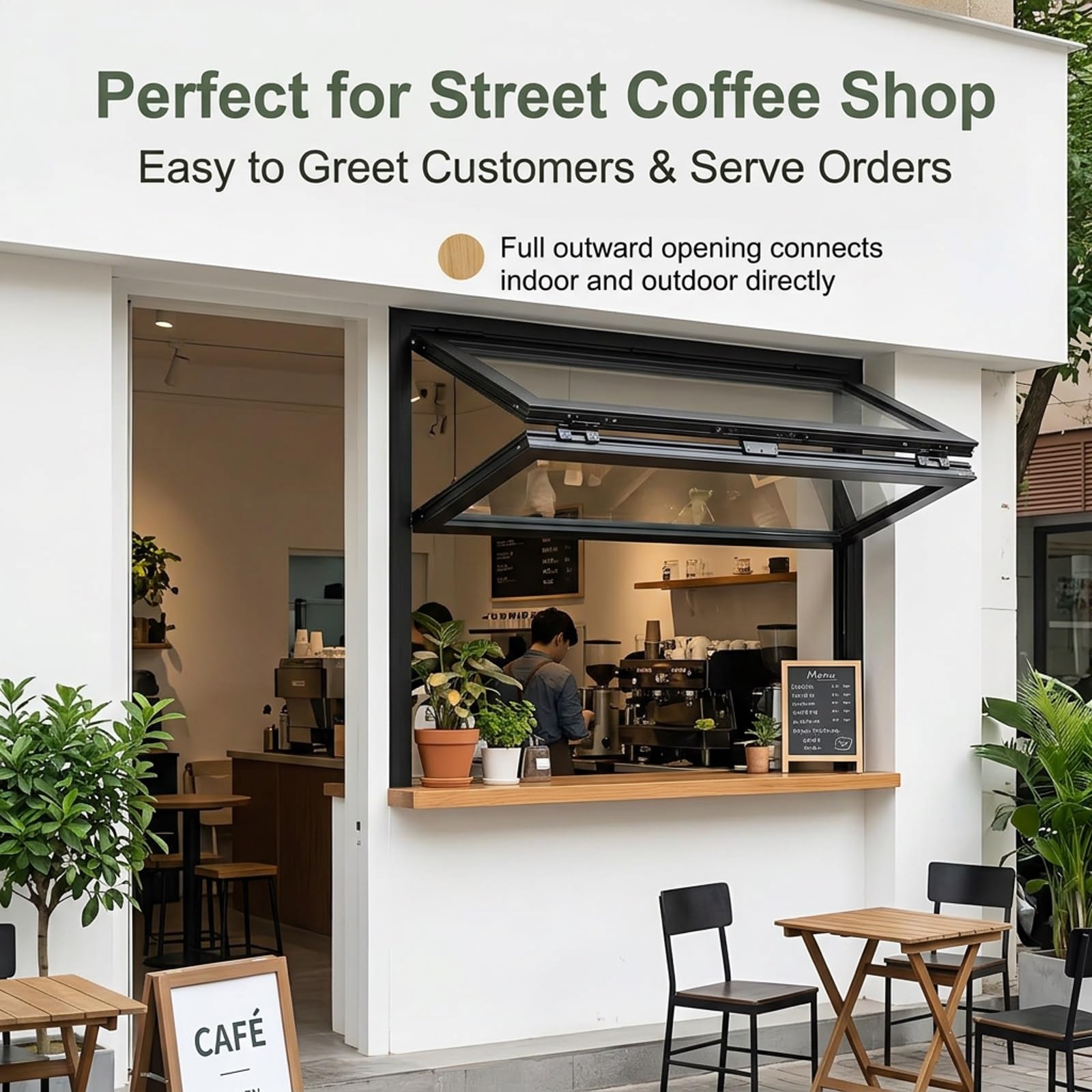 Fenêtre de service en verre trempé pour food truck et remorque(White,W x H 24 x 48 in)