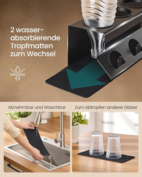 SONGMICS Flaschenhalter, Abtropfgestell Flaschen, Stahl, Flaschen Abtropfständer, mit absorbierenden Abtropfmatten, Flaschenbürste, Küche, tintenschwarz, für 3 Flaschen KCS557BH01 - 5