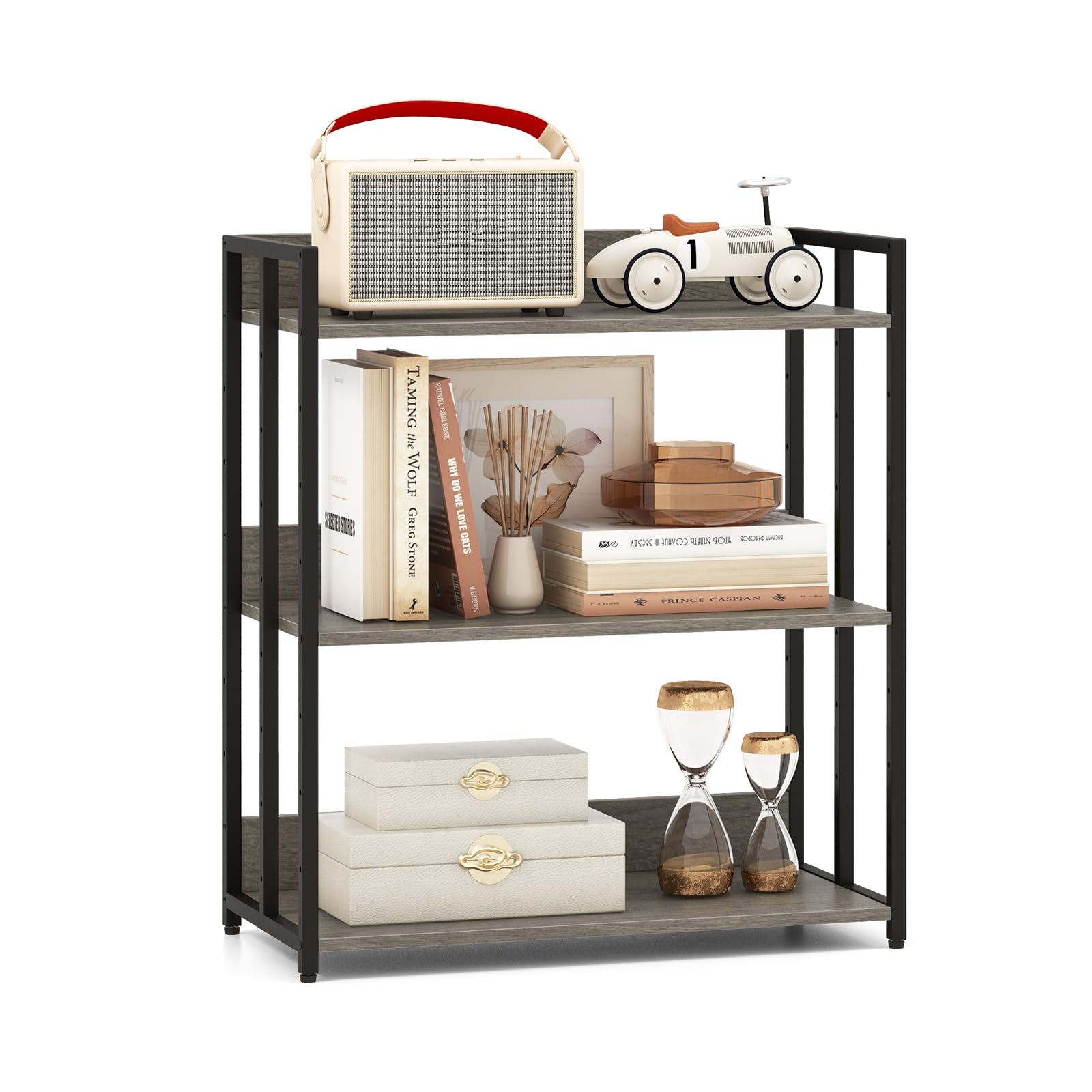 COSTWAY 3/5-Tier Bookshelf, Industrial Corner Storage Bookcase with Adjustable Shelves & Anti-Toppling Device, Home Office Metal Frame DIY Shelving Unit Display Rack (Grey, 70 x 35 x 81cm)