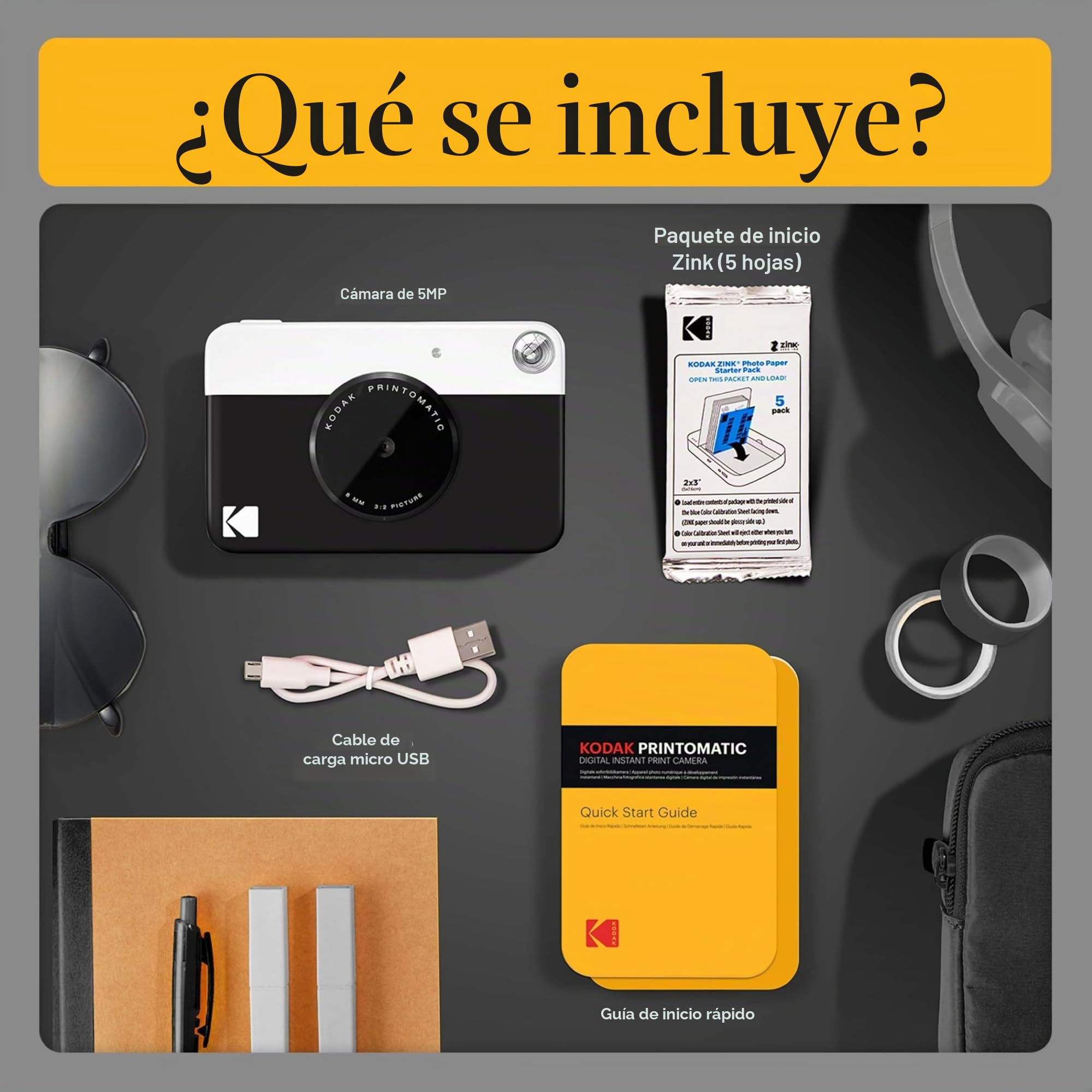 KODAK: Paquete básico de cámara instantánea Printomatic (Negro) + Papel Zink (20 Hojas) + Funda cómoda .