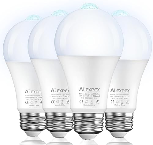 ALEXPEX Motion Sensor Light Bulbs, 13W(100W Equivalent) 1100lm Motion Activated Auto Dusk to Dawn LED Bulb, A19 E26 5000K Daylight OutdoorIndoor