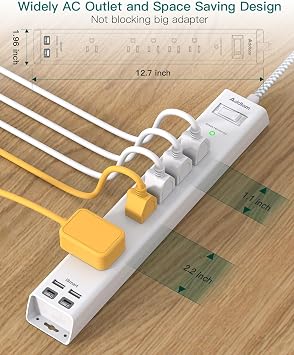 2 Pack Power Strip Surge Protector - 5 Widely Spaced Outlets 4 USB Charging Ports, 1875W/15A with 6Ft Braided Extension Cord, Flat Plug, Overload Surge Protection, Wall Mount for Home Office,White