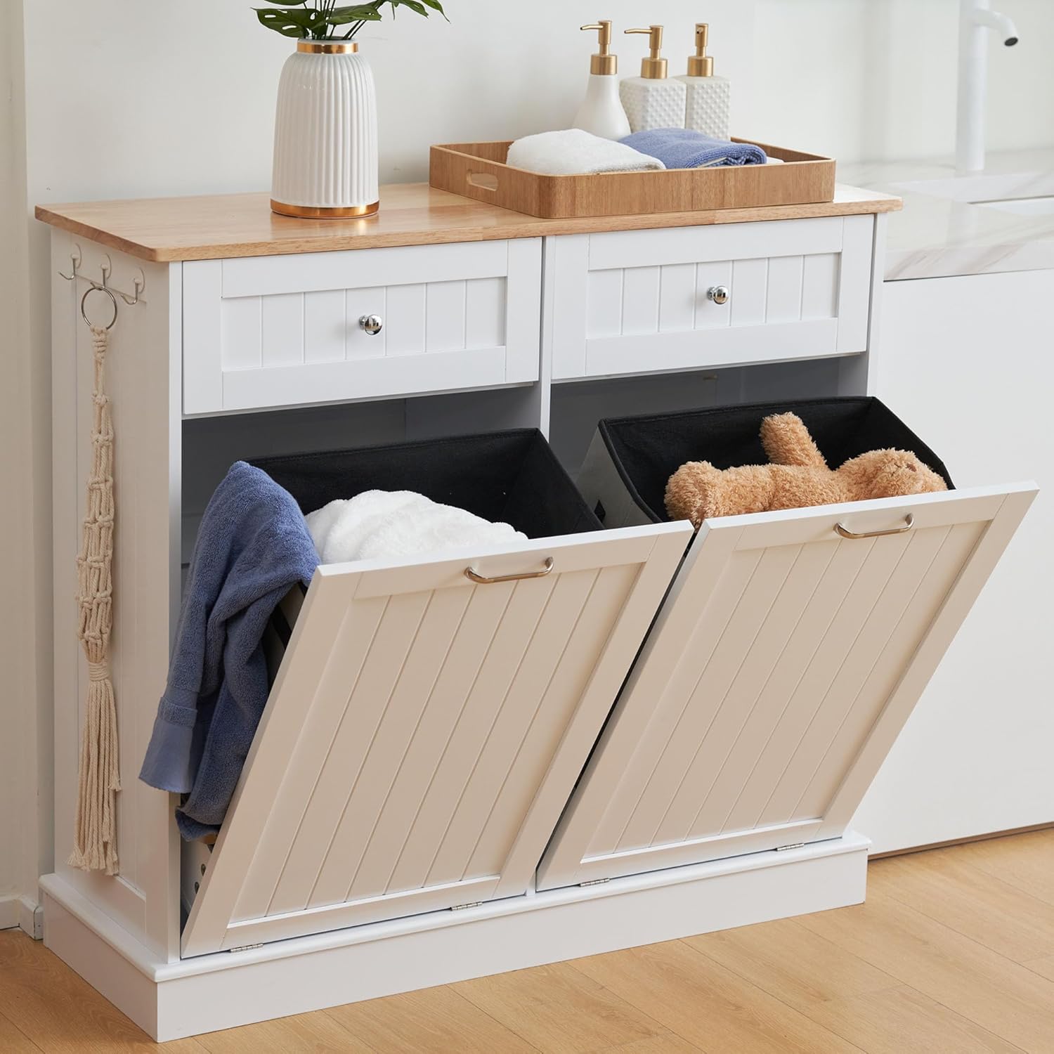 AHB Double Tilt Out Trash Can Cabinet Hidden Kitchen Trash Can, 2x13 Gallons Freestanding Recycling Cabinet with Hideaway Drawers Pet Proof Trash Can for Kitchen Living Room, White