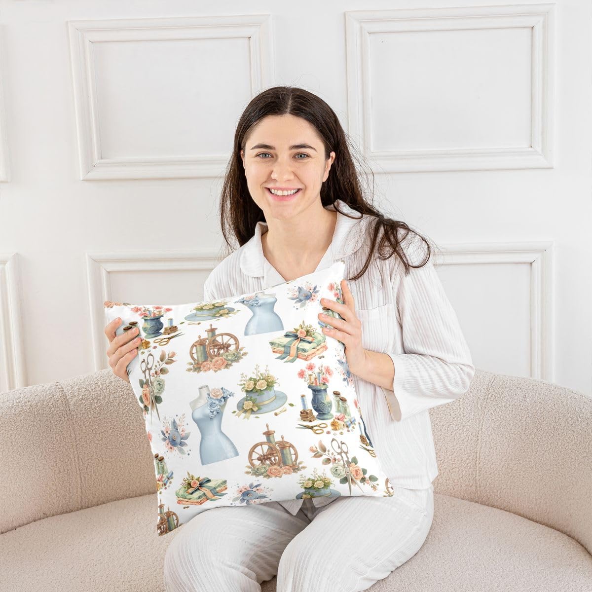 Manfei Dressmaker Tool Floral Throw Pillow Cover Fashion Craft Cushion Case Sewing Theme Pillow Cover for Living Room,Light Blue Soft Pillowcases,20x20 Inches image 4