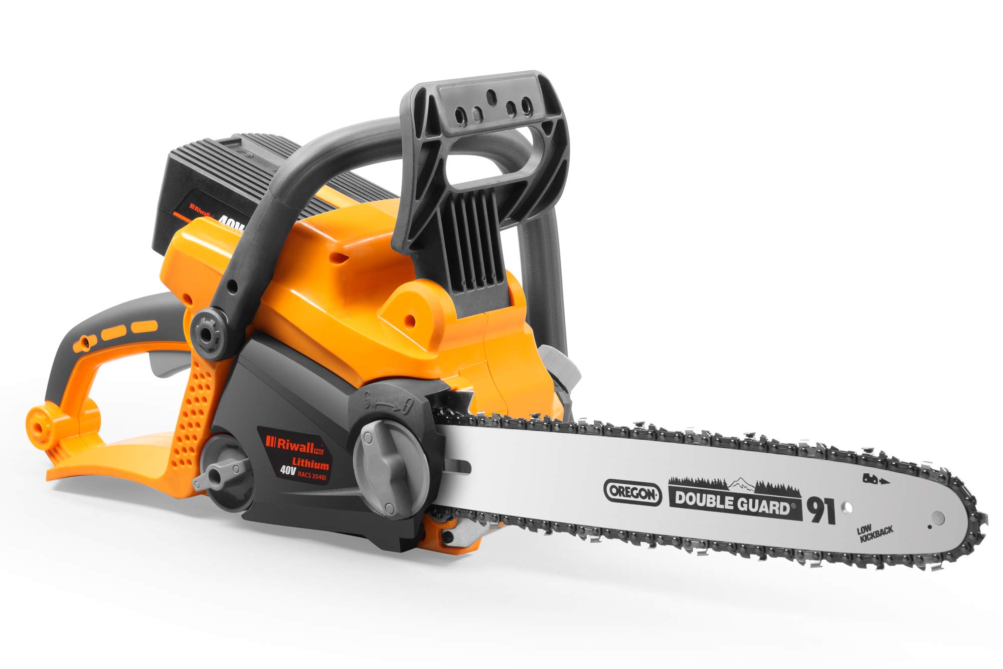 Sierra de cadena inalámbrica Riwall (longitud de la espada 35 cm, batería de iones de litio 40 V) – Sierra segura para trabajos de madera y jardín sin batería y cargador – Pro RACS 3540I – Motosierra