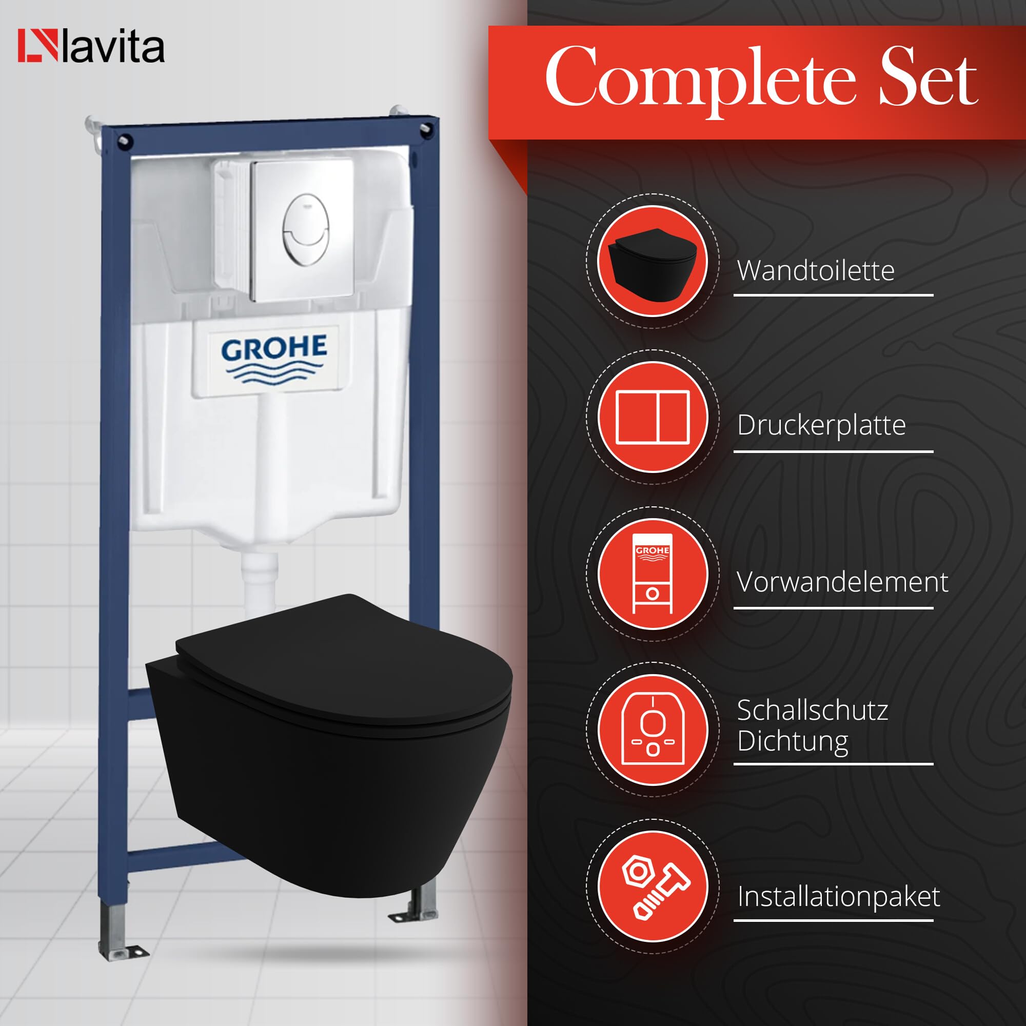 LAVITA Vorwandelement Solido Start + Wand Hänge WC Praia Schwarz Spülrandlos + WC-Sitz SoftClose Verchromter Knopf Komplettset Unterputz Spülkasten Toilette Komplett Sett WC