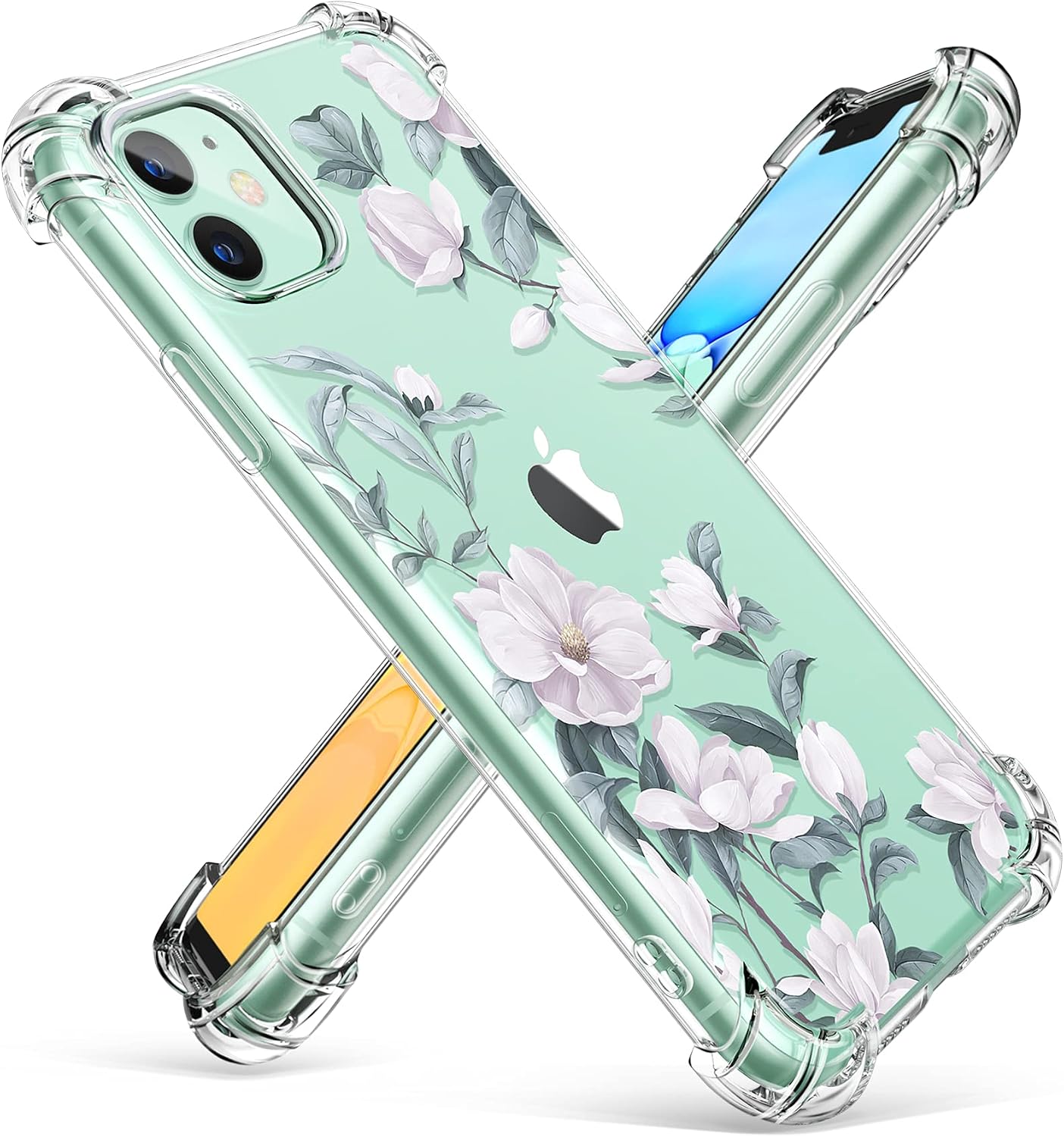 GVIEWIN iPhone 11 Case,Clear Flower Design Soft&Flexible TPU Thin Shockproof Transparent Bumper Protective Floral Cover Case for iPhone 11 6.1 inch 2019 (Crocus/Blue)