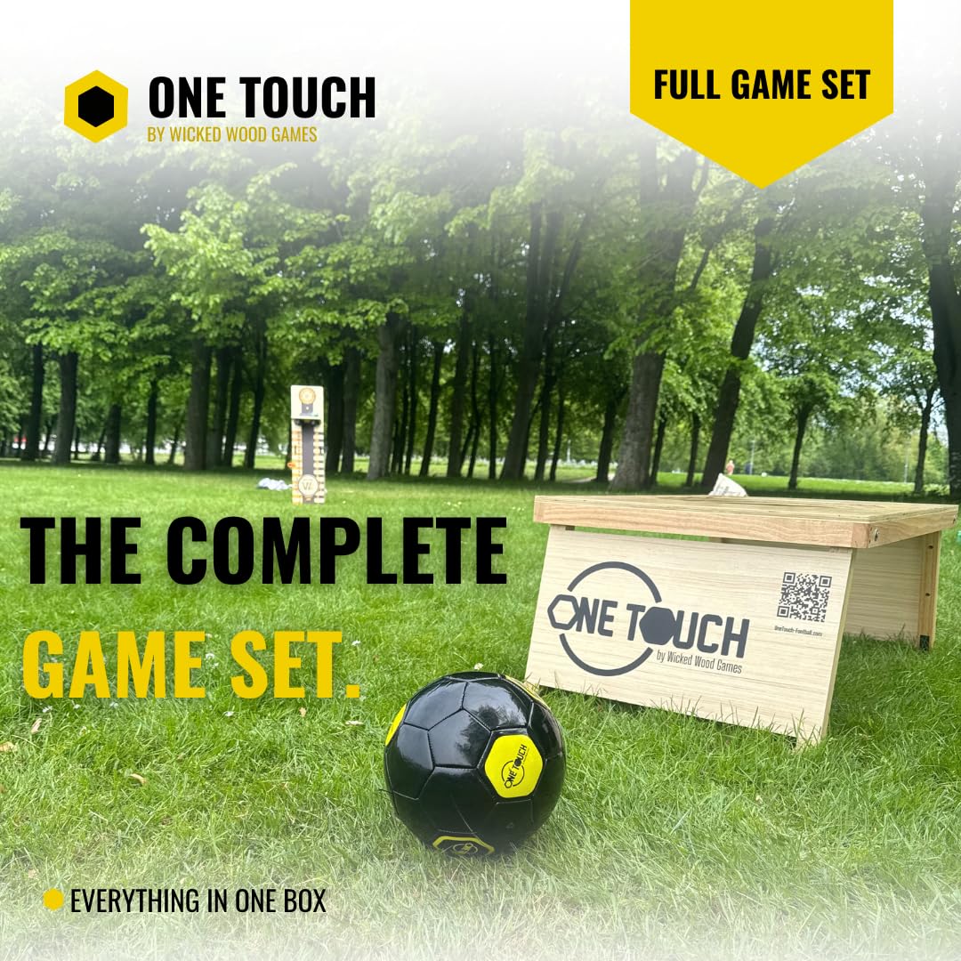 OneTouch Fußball-Cornhole Set aus Holz – Komplettes Outdoor Fußballspiel inkl. 2 Boards, Premium Matchball & Tragetasche – Fußball Zielspiel für Garten, Verein, Camping & Freizeit
