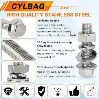 Flange Nut and Bolt Sets M6 M8 M10, CYLBAQ Flanged Hex Bolts and Nuts Set | 232PCS 304 Stainless Steel Hexagon Head Screws With Flat & Lock Washers Assortment Kit, Metric M6-1.0 M8-1.25 M10-1.5