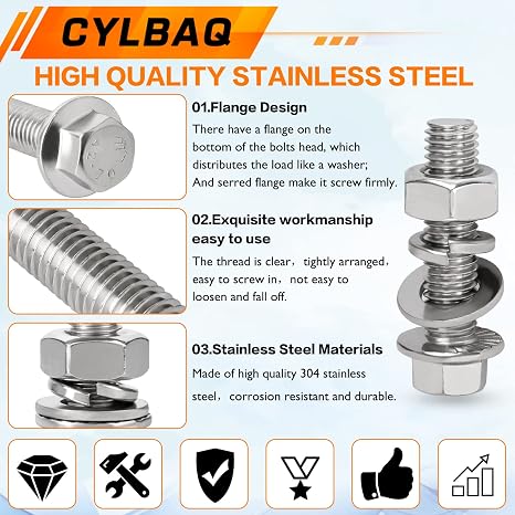 Flange Nut and Bolt Sets M6 M8 M10, CYLBAQ Flanged Hex Bolts and Nuts Set | 232PCS 304 Stainless Steel Hexagon Head Screws With Flat & Lock Washers Assortment Kit, Metric M6-1.0 M8-1.25 M10-1.5