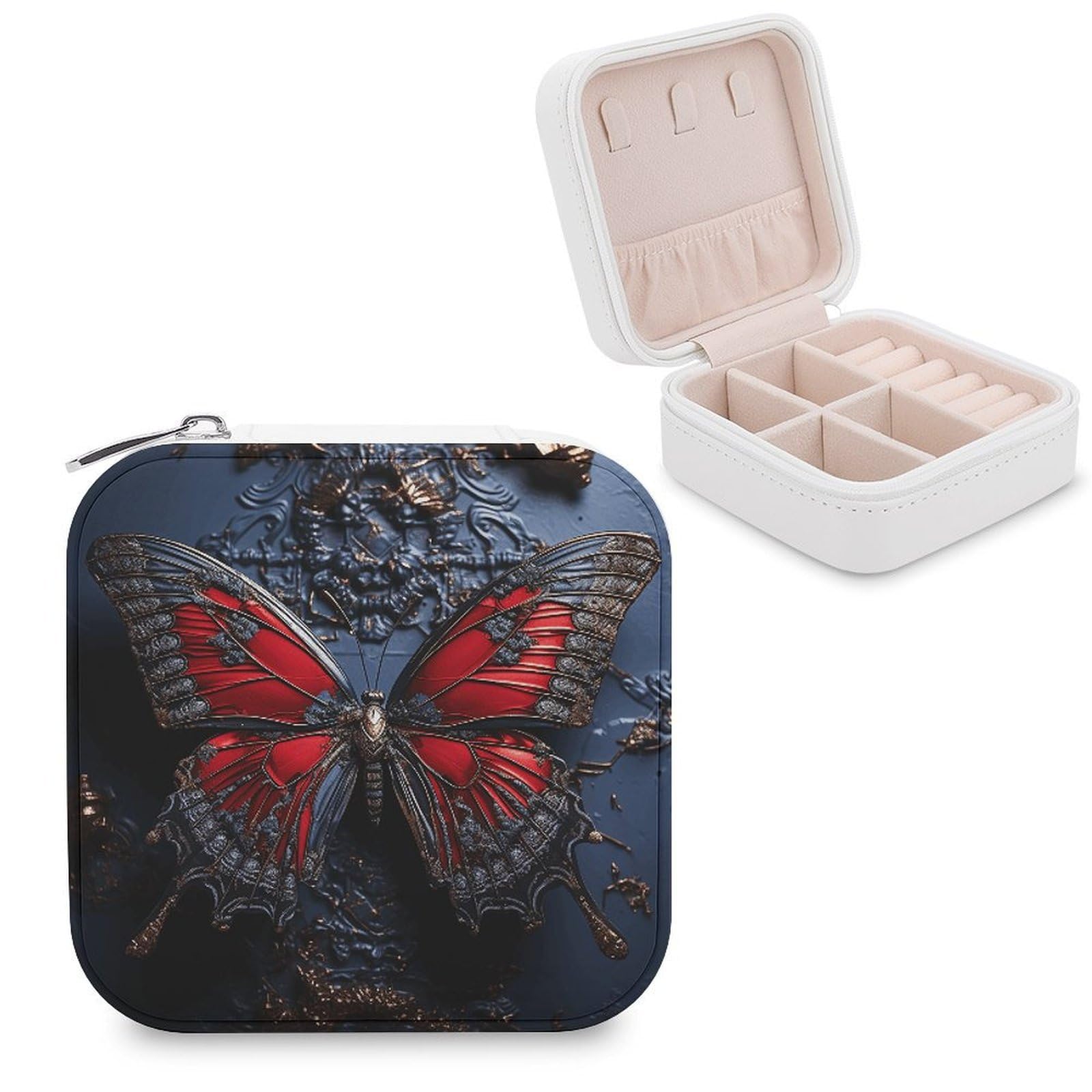 FekiLoot Red Butterfly Jewelry Case Personalized Leather Jewelry Box Mini Travel Jewelry Case Small Portable Jewelry Organizer for Ring Earrings Necklace Bracelet