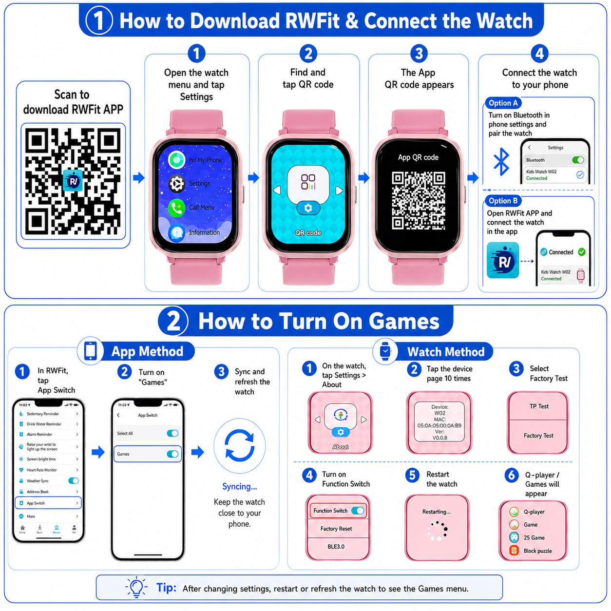 Smart Watch per bambini per ragazzi e ragazze, orologio per ragazze IP68 con oltre 20 modalità sportive, tracker fitness per bambini da 1,8 pollici con cardiofrequenzimetro del sonno, 14 giochi, passo