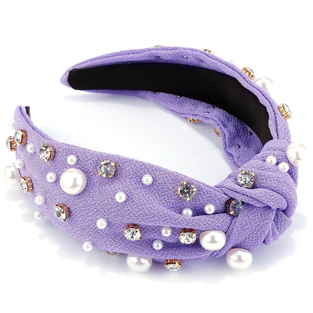 AHONEY Pearl Knotted Purple Headband for Women Girls, Rhinestone Top Knot Crystal Headband Jeweled Fashion Headpiece Boho Wide Head Band for Women's Hair Accessories