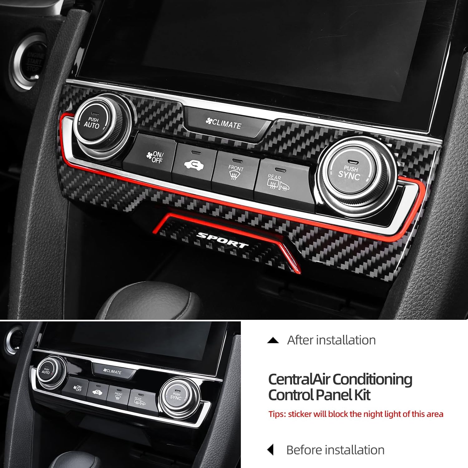 BETTERHUMZ Compatible with 10th Gen Honda Civic 2017 2018 2019 2020 2021 Carbon Fiber Central Control Air Conditioning Panel Frame Protective Sticker Car Interior Accessories