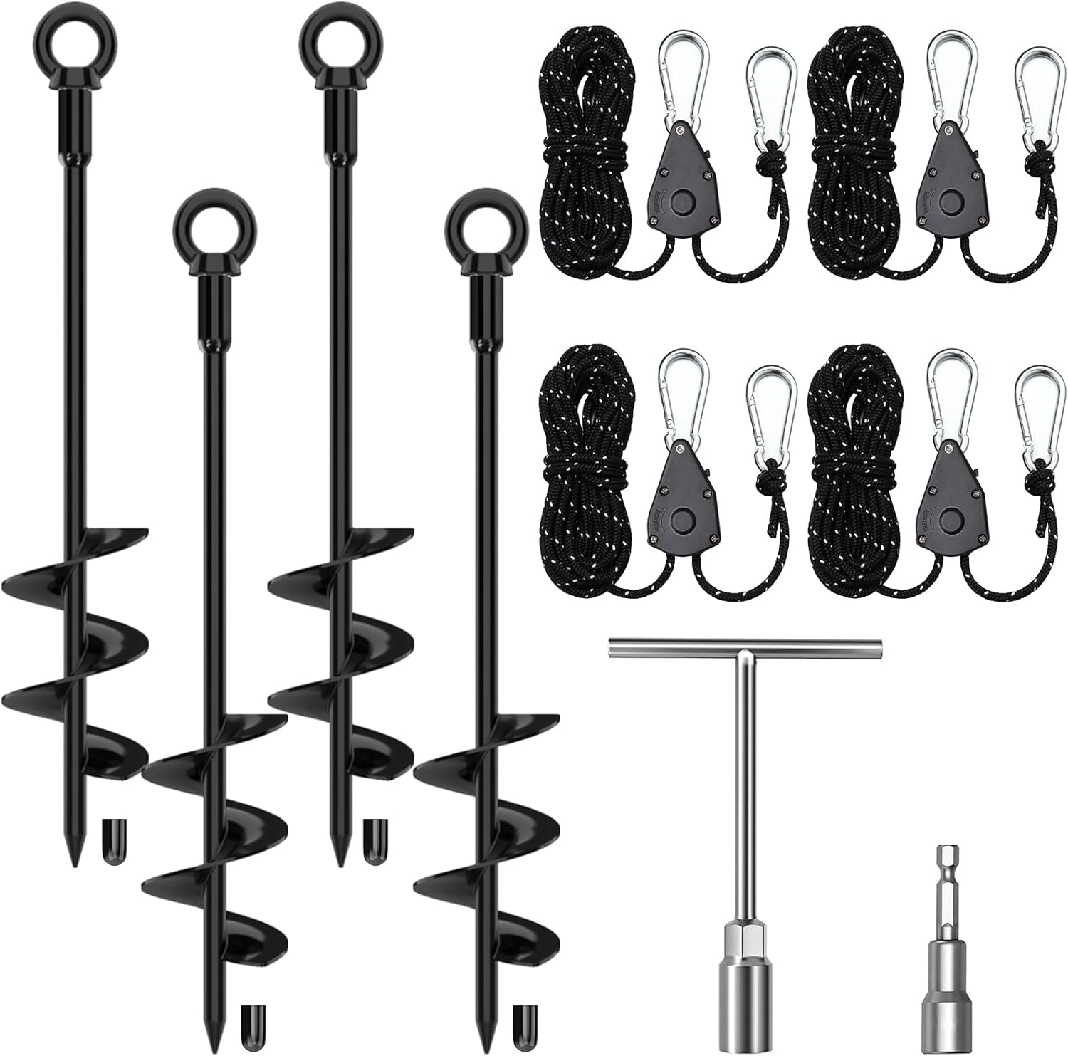 Shed Anchor Kit, 4 Pack 18" Screw in Tent Stakes Heavy Duty Kit, Earth Anchors Heavy Duty with 4 Strong Straps for High Winds, Spiral Trampoline Stakes for Tent Sheds Canopy Gazebo Swing Set (Black)