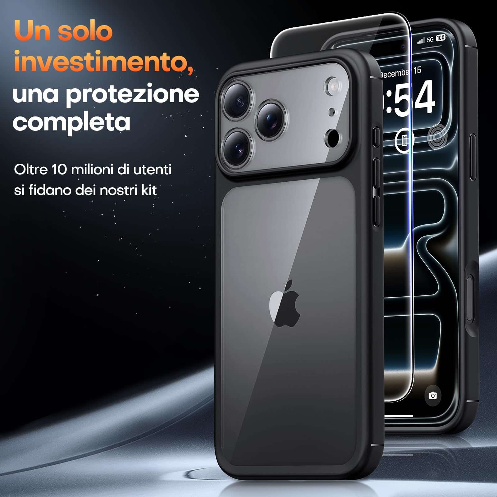 TAURI Cover per iPhone 17 Pro con Pellicola in Vetro Temperato,Protezione Completa della Fotocamera,Custodia per Sottile Antishock, Anticaduta - Nero