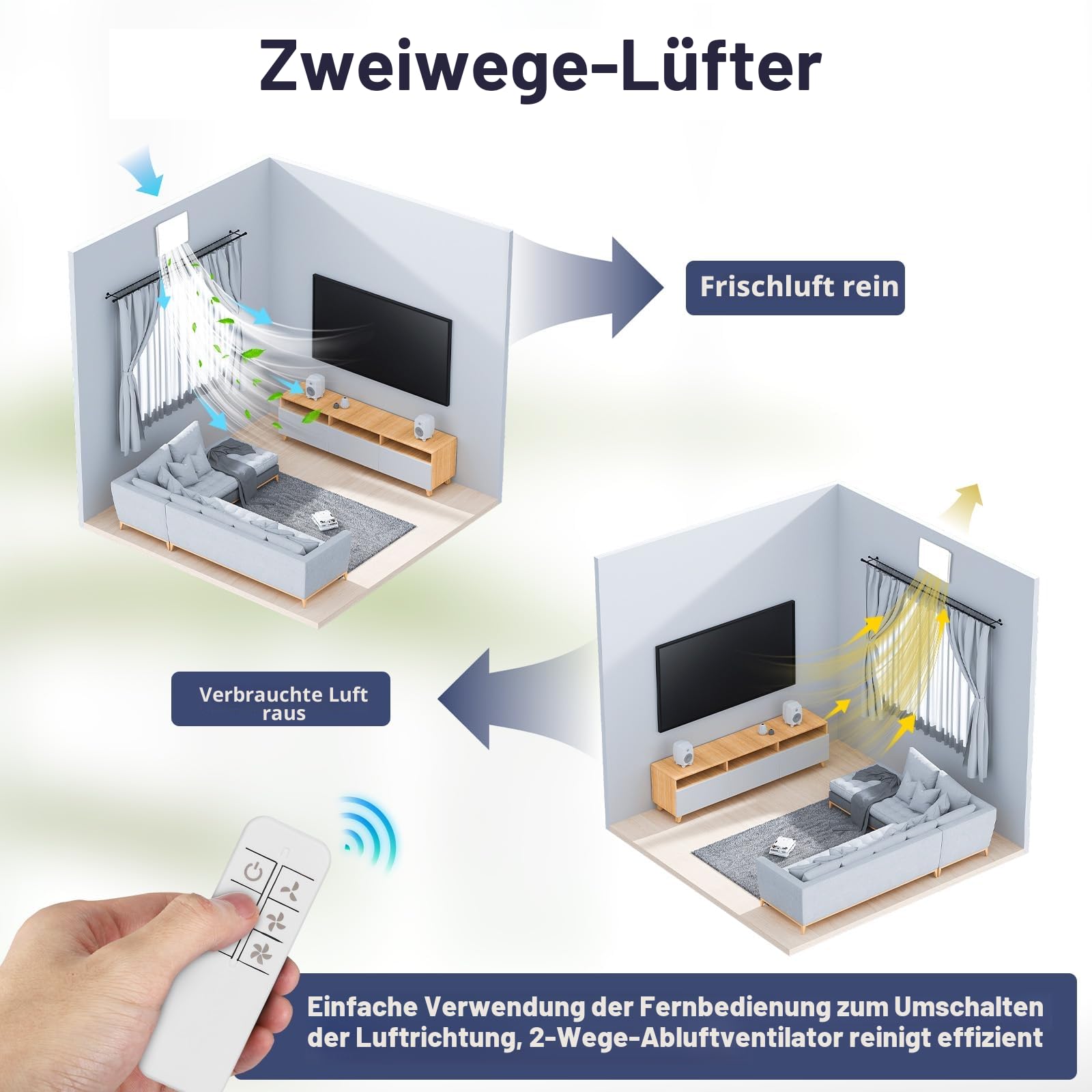 Abluftventilator 100 mm, VMC Badezimmer, 130 m³/h, Fernbedienung, 2 Richtungen, 3 Geschwindigkeitsstufen, leistungsstarke Belüftung, für Badezimmer, Küche, WC, Garage