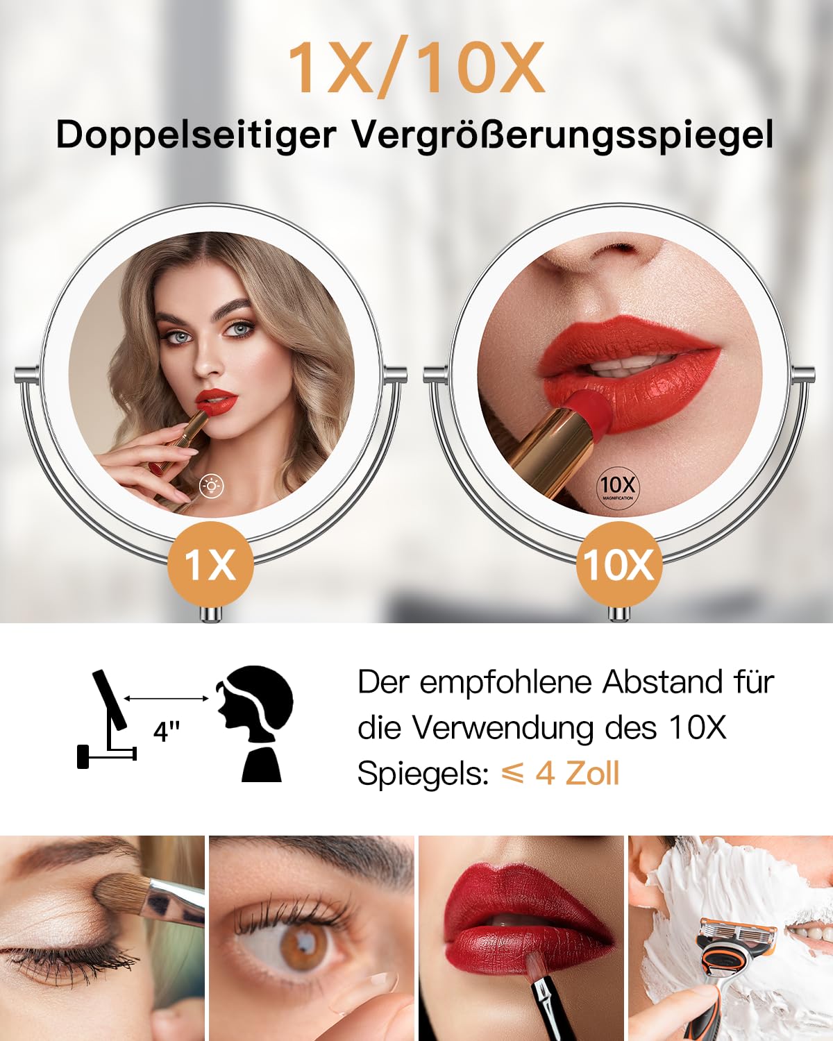Gospire 9'' Wandmontage Schminkspiegel mit Beleuchtung mit 3 Farben & Dimmable, 1X/10X Vergrößerung LED Doppelseitiger Kosmetikspiegel, Verlängerbarer Spiegel 360° Schwenkbarer Rasierspiegel, Chrom