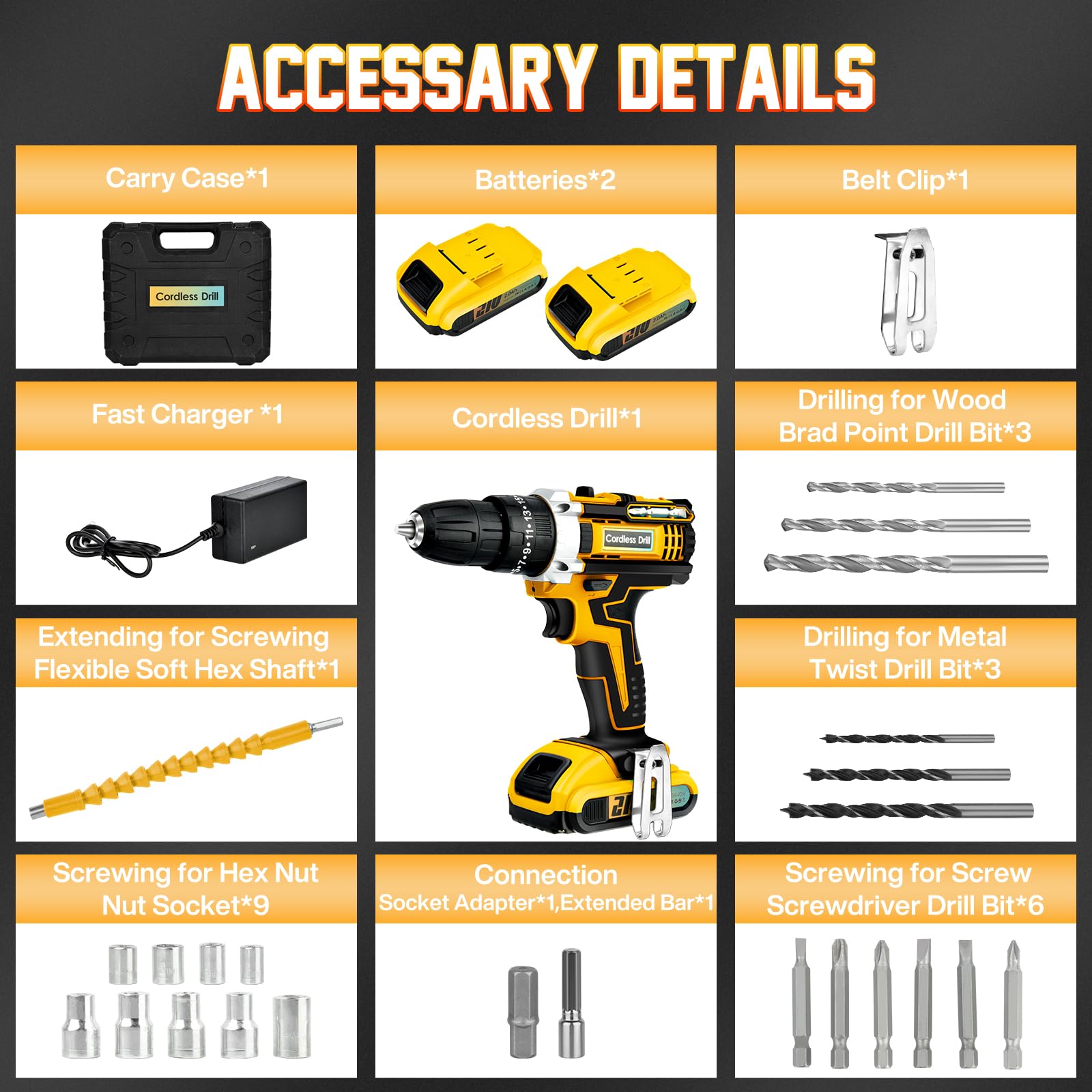 Perceuse-visseuse Sans Fil 21V 3,0Ah - 380 Nm, 2 Vitesses, Lumière LED - Kit 25 Accessoires - Bleu - 12