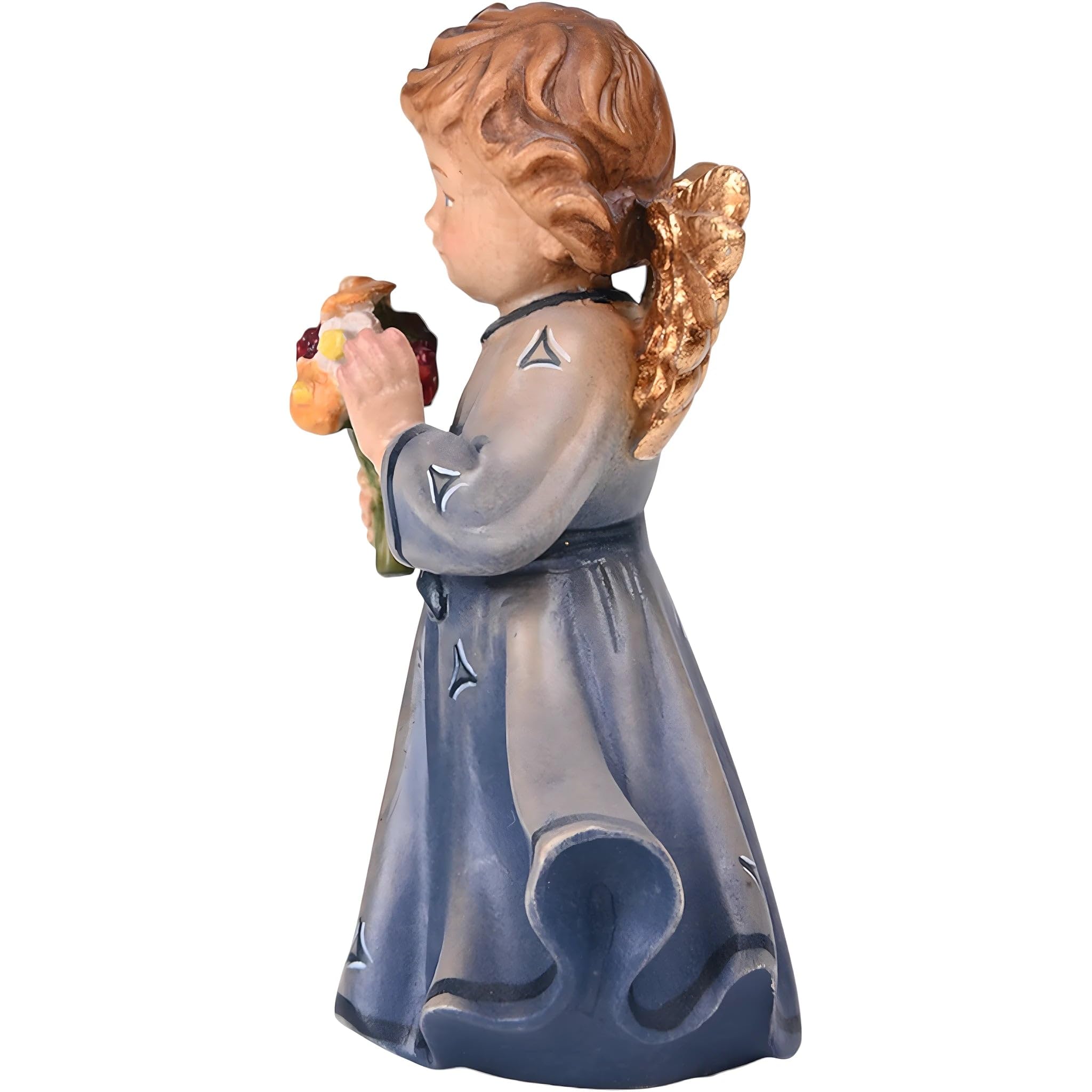 Dolfi rzeźbiony anioł z drewna klonowego z kwiatem 12 cm | Ręcznie malowane w Val Gardena | Religijny
