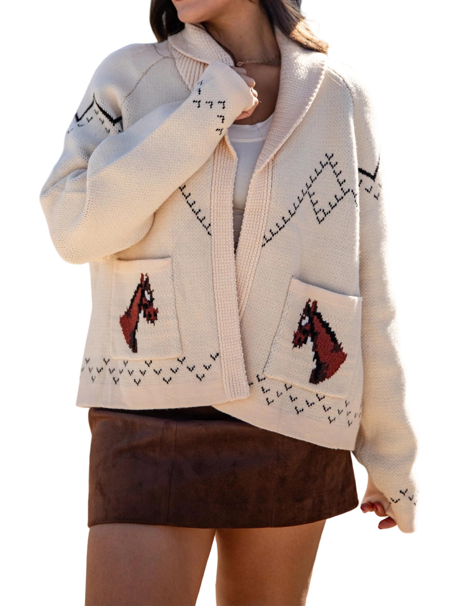 ZAFUL Women Crop Cardigan Sweater Novelty Horse Intarsia Long Sleeve Knit Cardigan Sweater
