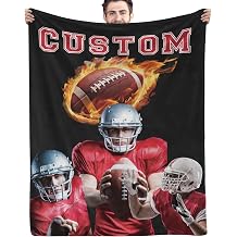 Personalized Football Photos Blankets with Name, Number, Custom Football Throw Flannel Blankets Creative Room Decor Gift for Him Teens Boys Sports Lover Fans Kids Adult