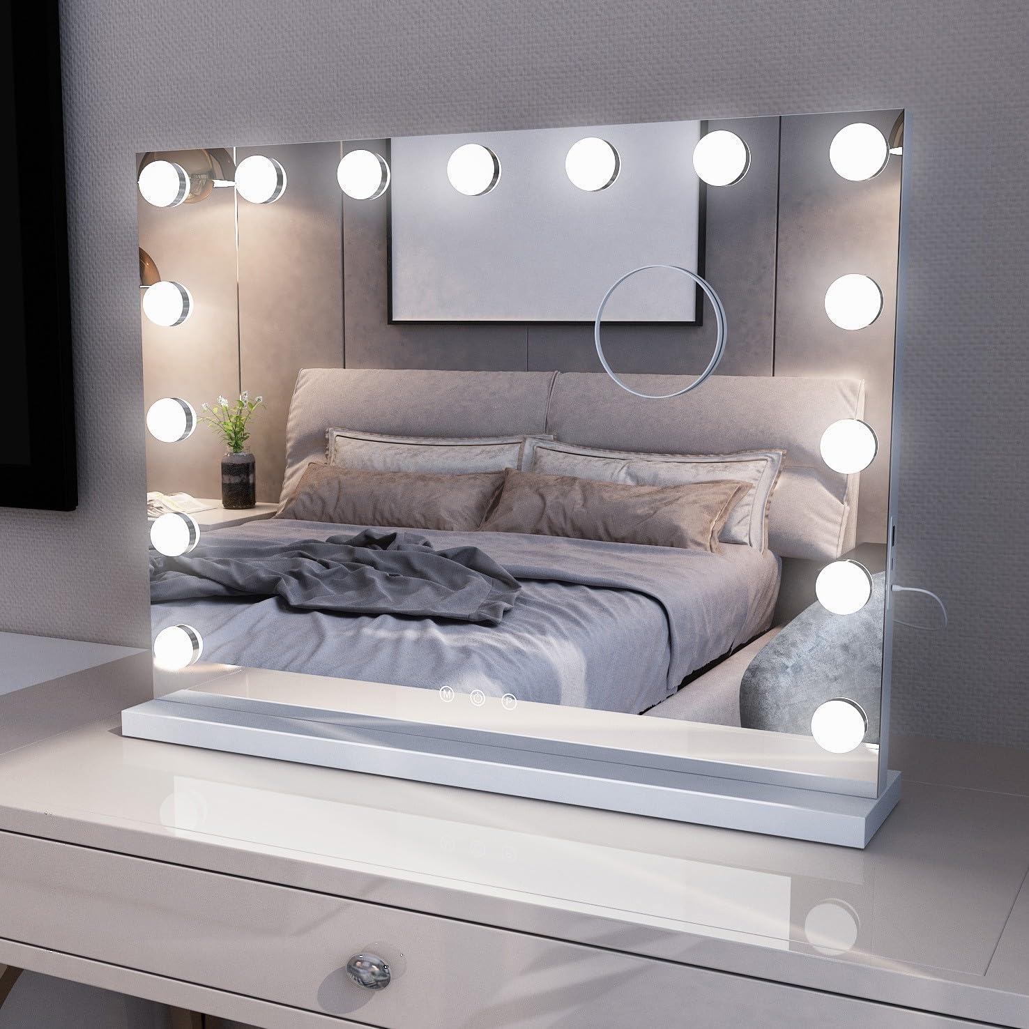 LISA Hollywood Espejo de Maquillaje con Luz LED Grande, 50x42cm Flamingueo Espejo Tocador 14 Bombillas, Ajustable 3 Modos de Luz, Táctil, Puerto USB,Espejo x10 Aumento Makeup, Mesa y Pared