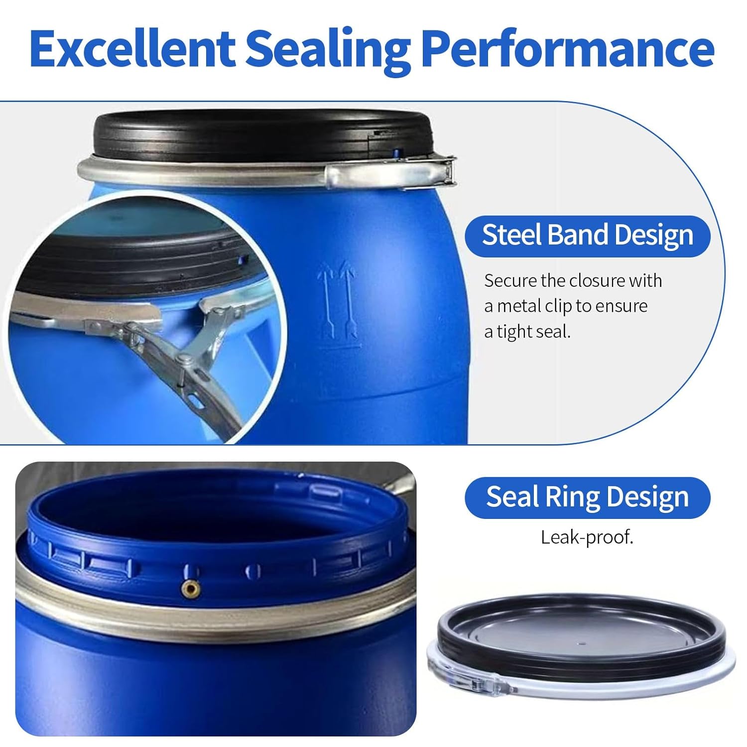 Plastic Drum with Lid, Open Top Shipping Barrel Blue Barrel for Household Utility, Camping Gear, Cleaning Supplies, Tool Storage, Patio, Shed and Garage Organization, Reusable Water Barrel(160L)