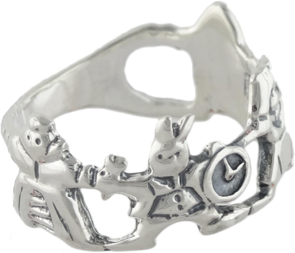 FashionJunkie4Life Sterling Silver Alice in Wonderland Ring with White Rabbit, Queen, Playing Card