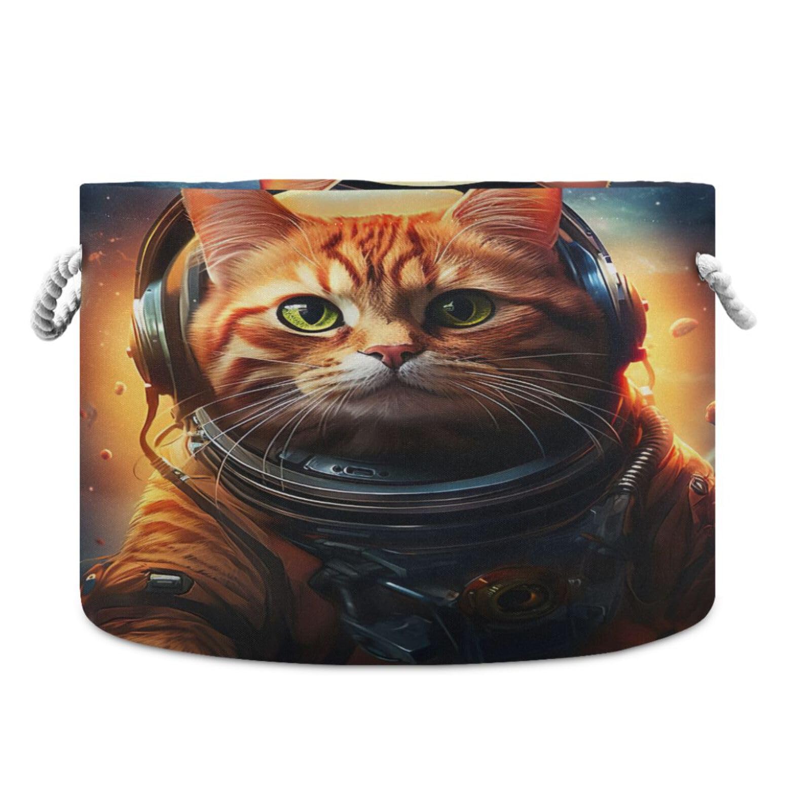 Round Space Astronaut Cat Funny Storage Basket Large Organizer Bin Laundry Hamper Toy Storage Basket with Handle for Nursery Clothes Toys 202b4759