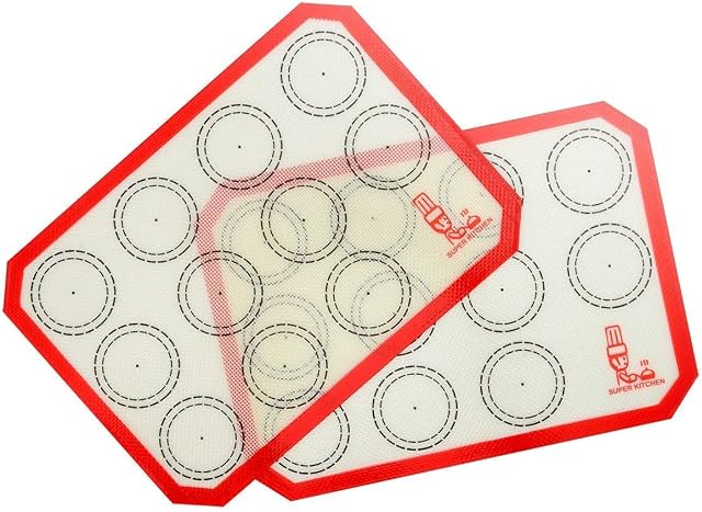 SUPER KITCHEN Silicone Baking Mats Macaron Cookie Sheet - Set of 2, Non Stick Oven Tray Liners for Macaroons/Cake/Bread Making, Table Placemat (Red, 30x21cm)