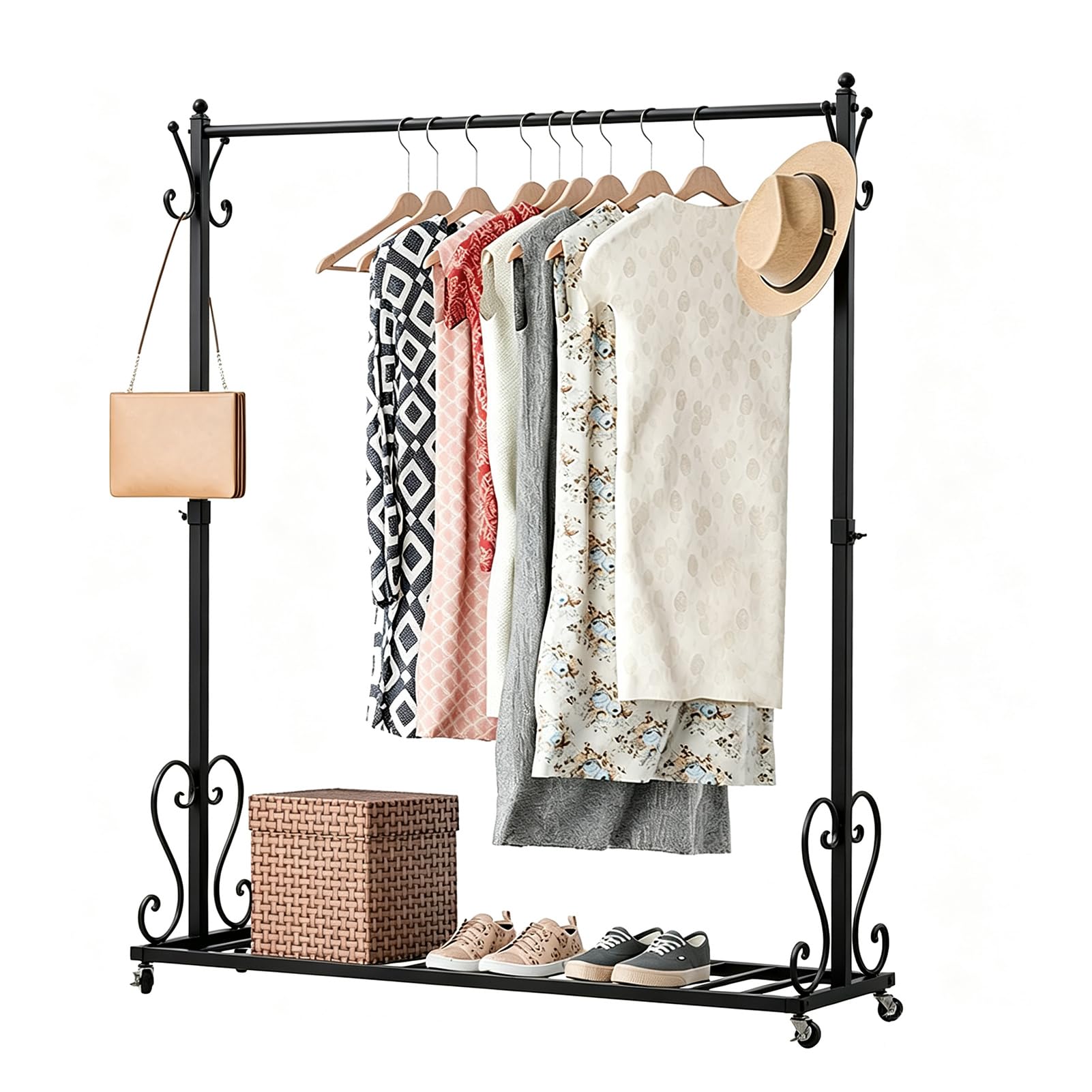 Kleiderständer aus Metall mit Rollen (Schwarz, 120x170cm) | Garderobenständer mit 8 Haken, Regal & 4 Bremsrollen – stabil, belastbar bis 65 kg, für Schlafzimmer, Boutique, Unteres