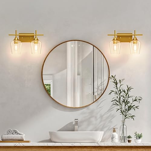 Miniatura 3 de VONLUCE Lámpara de tocador dorada de 2 luces sobre espejo, lámpara de baño moderna de latón con vidrio transparente, iluminación de tocador dorada