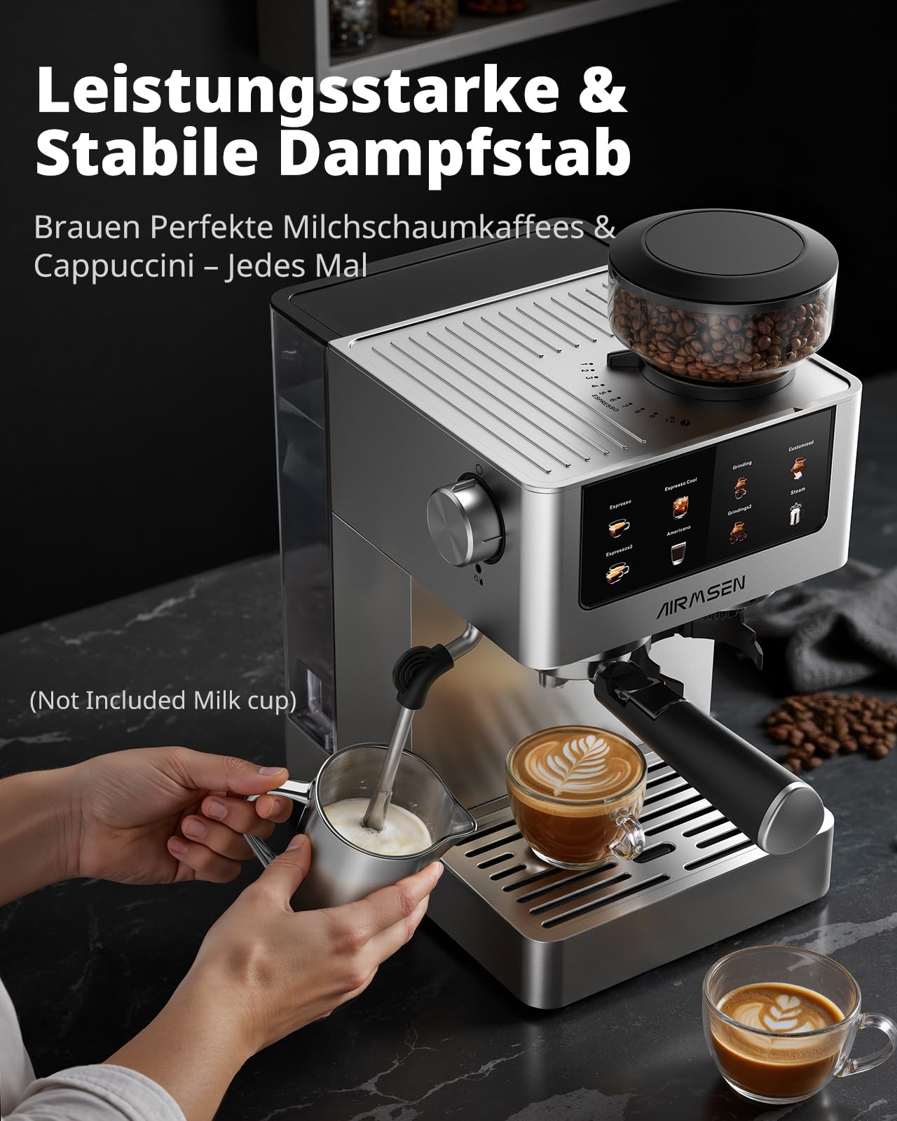 AIRMSEN Siebträgermaschine Espressomaschine 20 Bar Edelstahl 1,8L Wassertank Cold Brew Americano
